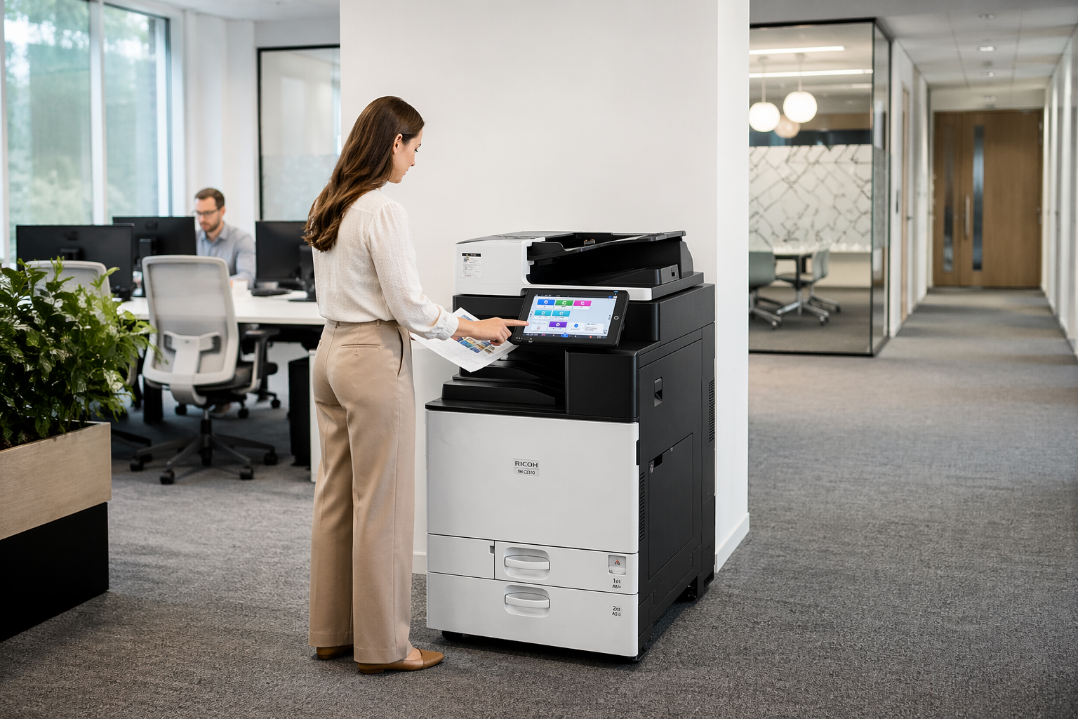 A woman using a touchscreen to operate a multifunction printer in an office, with two men working at desks in the background.