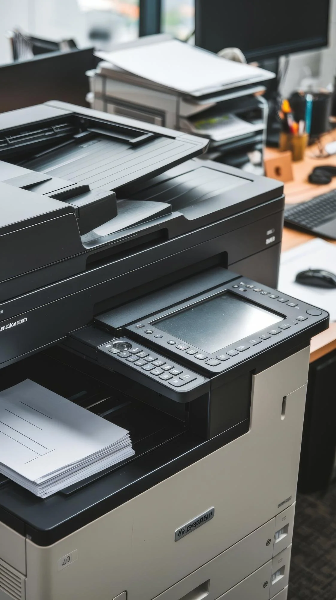 An office workspace with a multifunction printer/copier, a stack of papers, a telephone, and a computer monitor on a desk. The workspace appears cluttered with office supplies and documents.