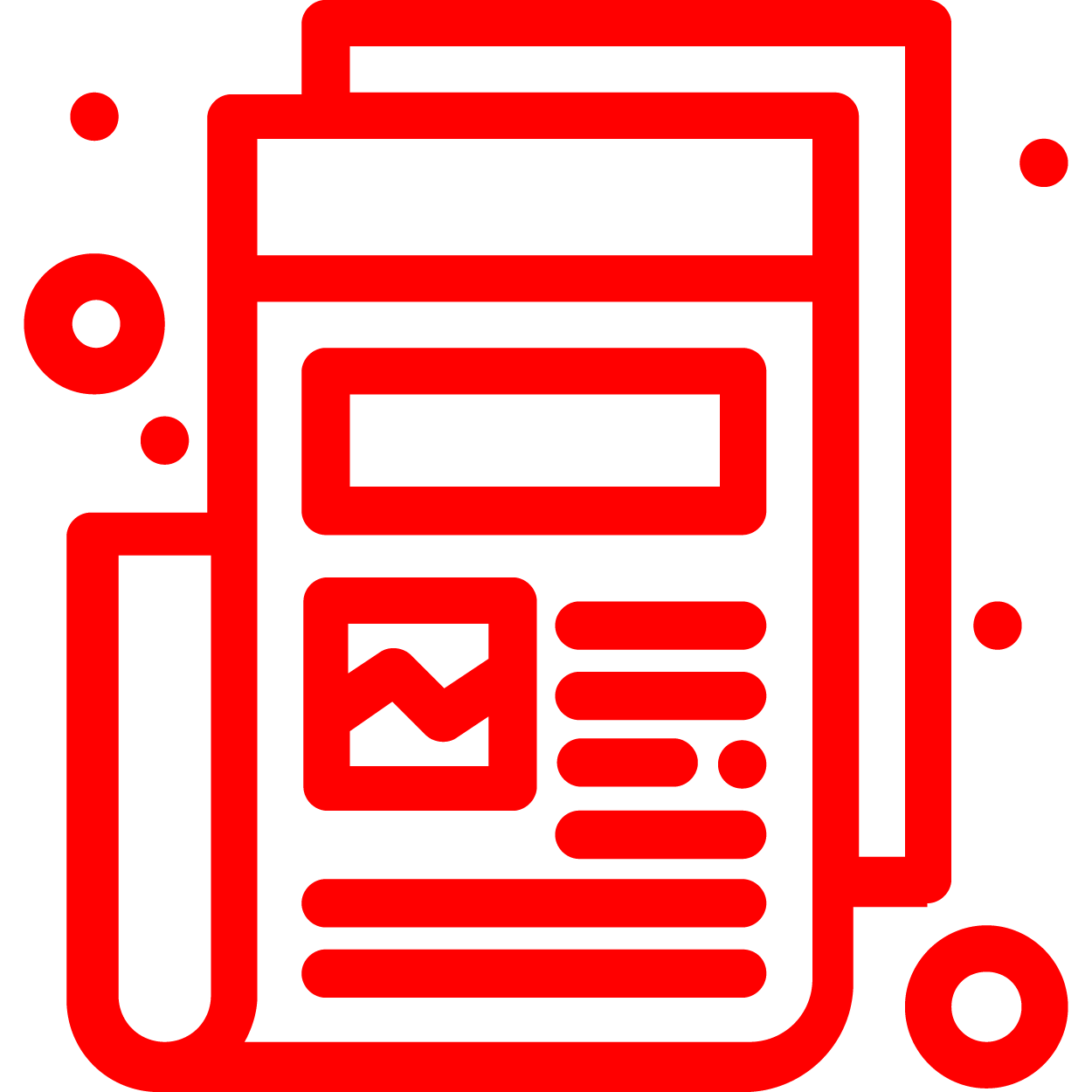 Red outline of a mobile phone with graphical interface elements, including a photo icon, menu lines, and circles, on a black background.