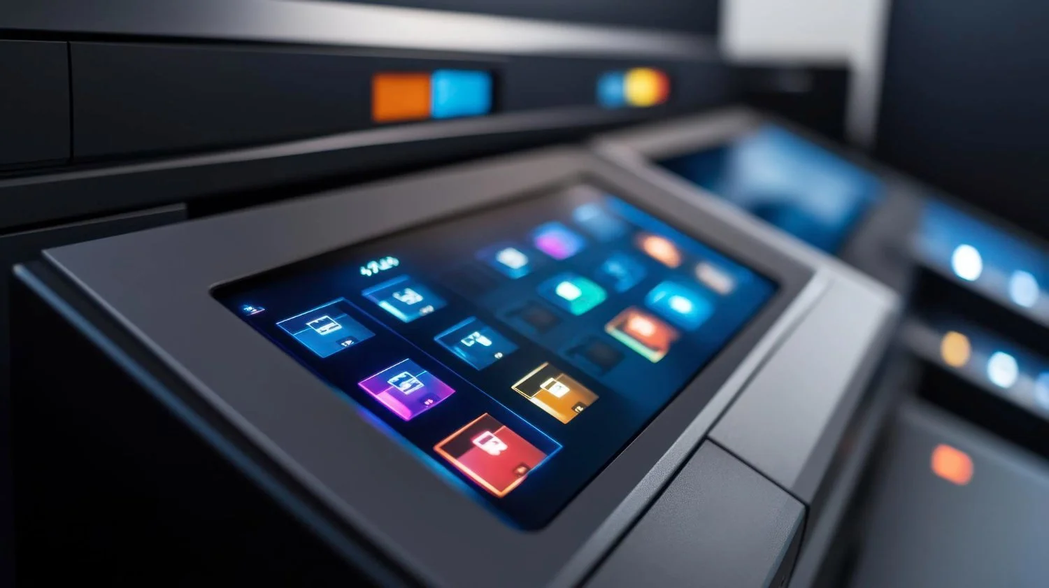 Touchscreen control panel with illuminated app icons in a modern device or kiosk.