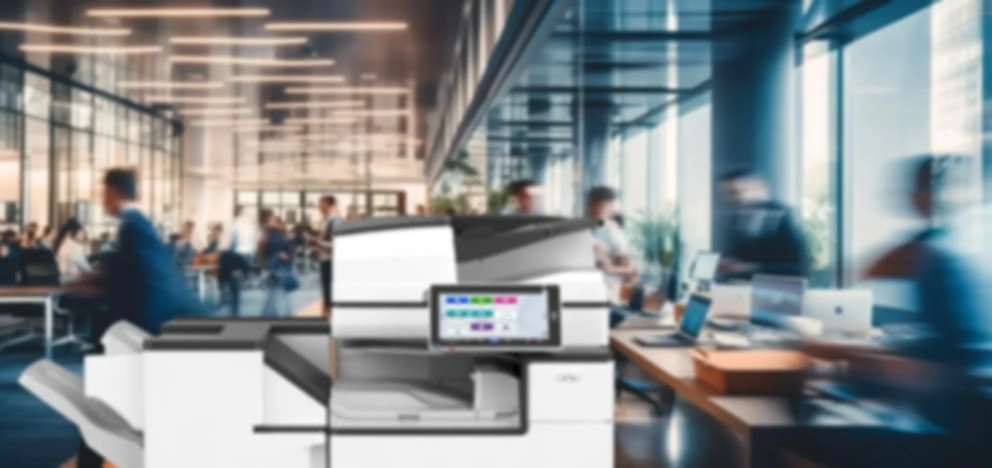 Modern office with large windows, people working at desks, and a central printer with a touchscreen control panel.