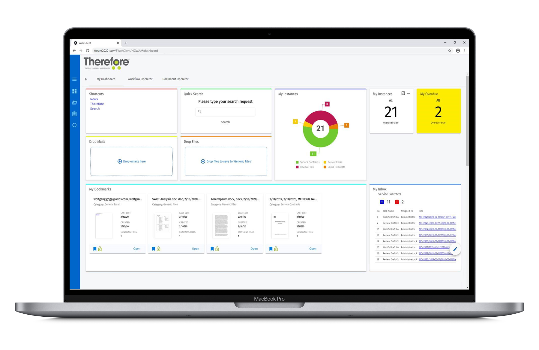 Laptop screen displaying a web client dashboard with sections for shortcuts, quick search, instances, overdue tasks, drop mails and files, bookmarks, and inbox, with graphs, lists, and icons.