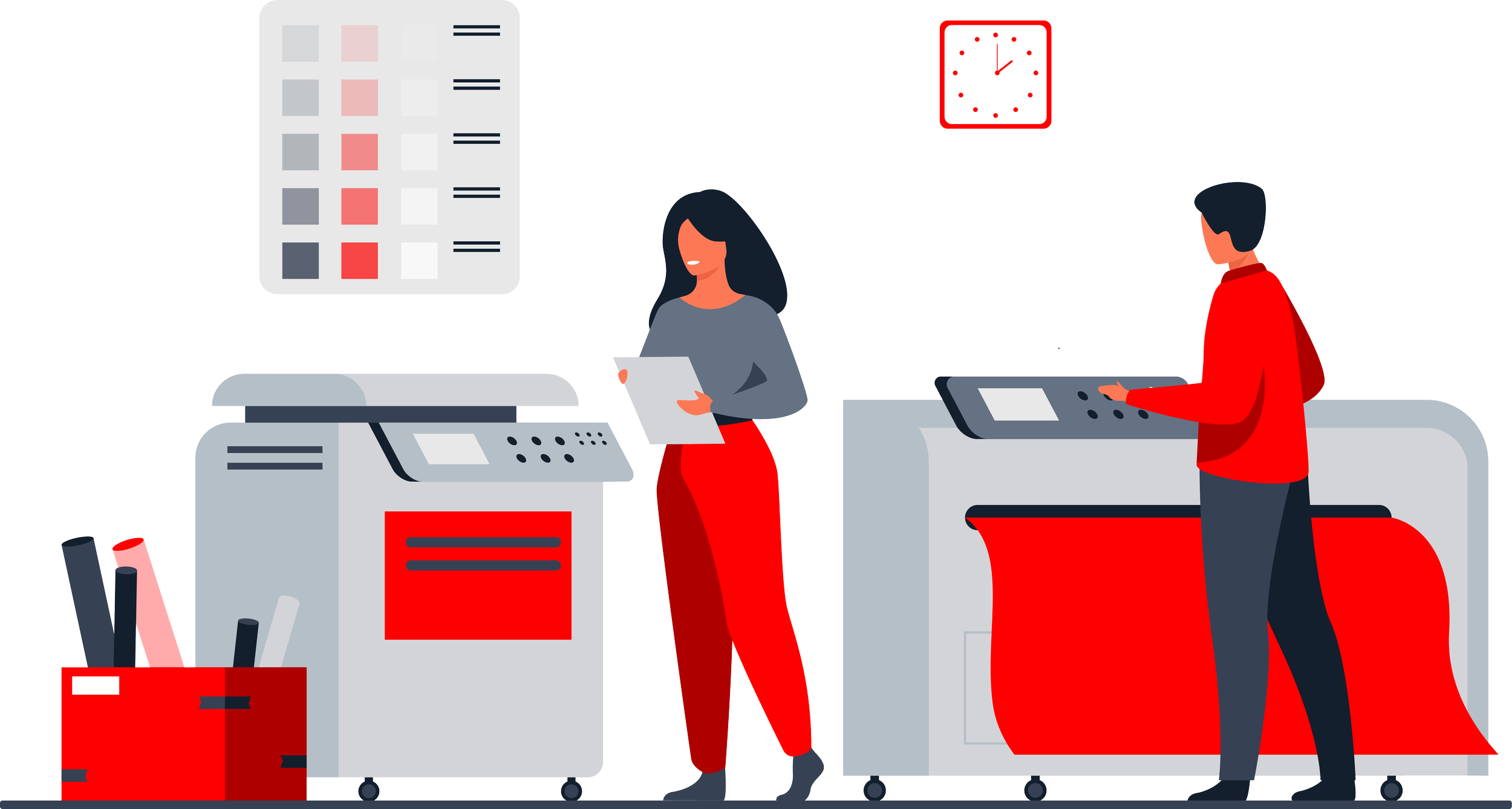 Two workers in an office printing environment. One woman with dark hair and red pants holding a paper, and one man with dark hair in a red jacket operating a printer. The background includes a clock and a color-coded chart.