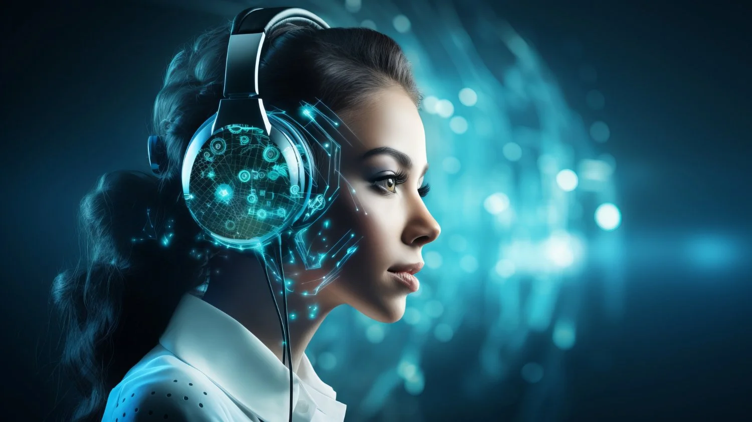 A woman with futuristic advanced technology headphones with digital holograms and data displays around her ears, set against a blurred tech-inspired background.