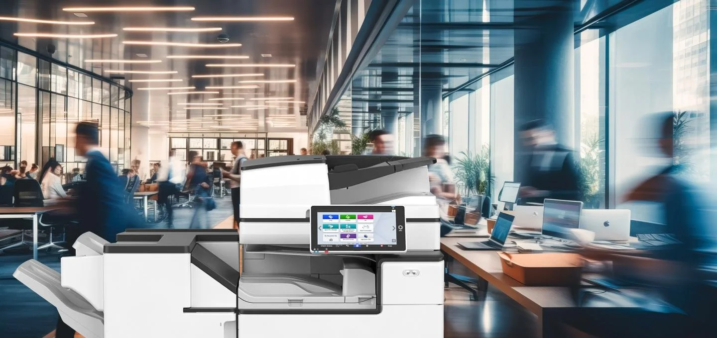 An office environment with blurred motion of people walking around and working behind a large, modern multifunction printer or copier that has a touchscreen interface in the foreground.
