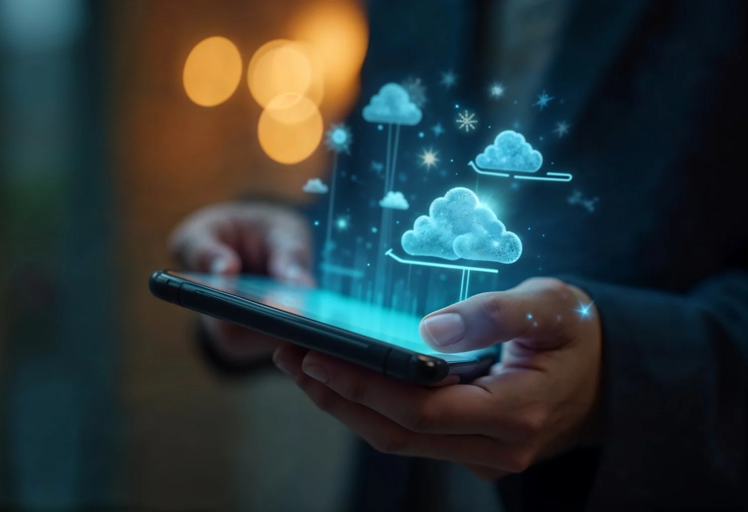 Person holding a smartphone with holographic cloud icons and snowflake graphics in a digital display.