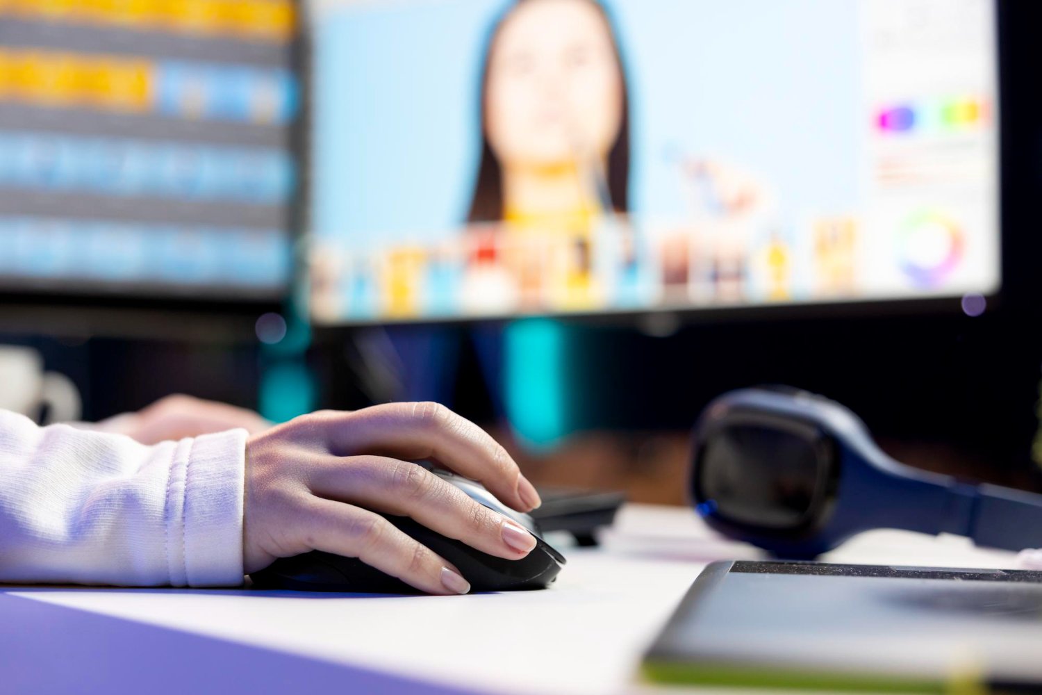 A person using a computer mouse on a desk with a monitor displaying a blurred colorful image, a pair of 3D glasses, and a part of a tablet or phone.