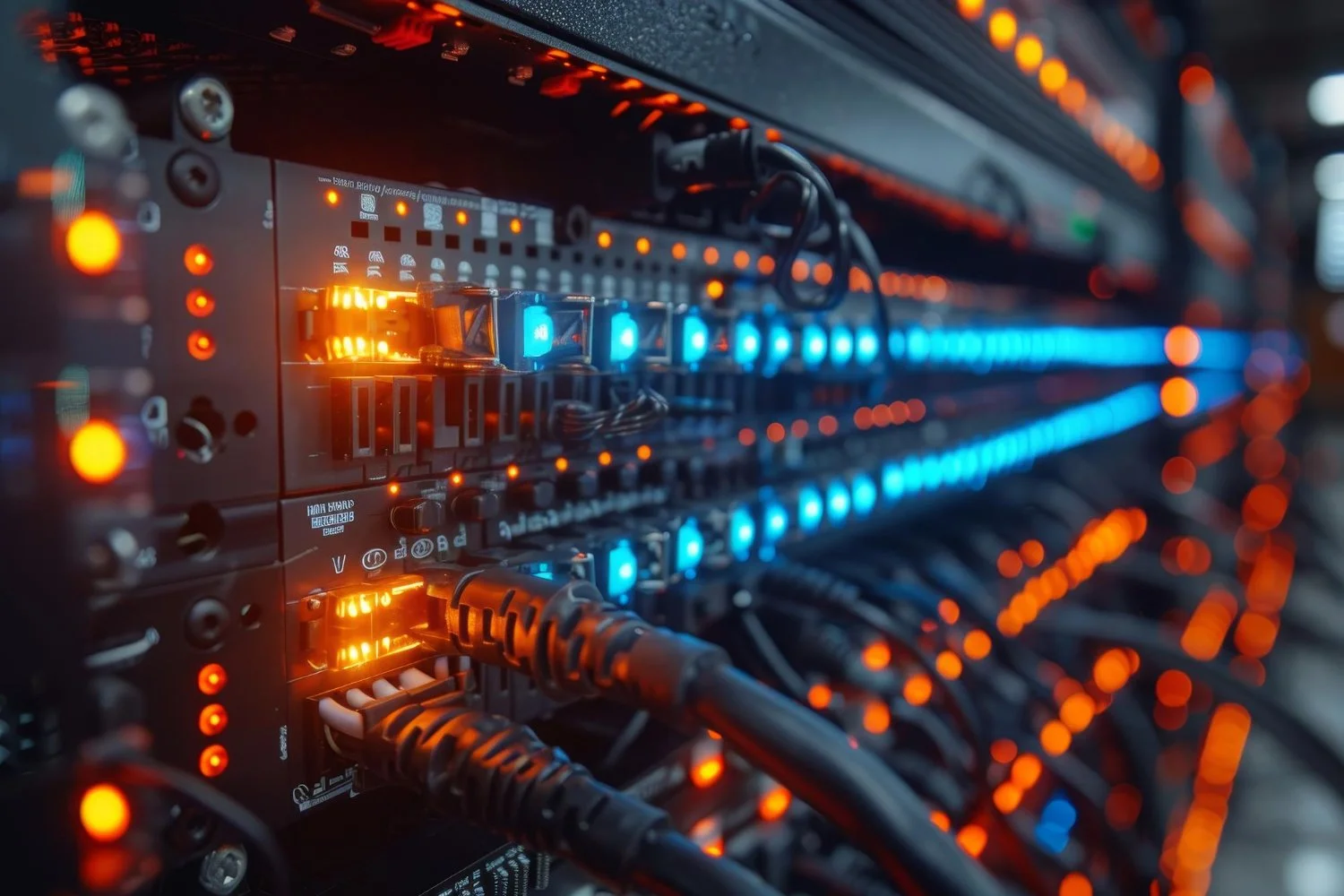 Close-up of a network server or data center equipment with blinking blue and orange LED lights and connected cables.