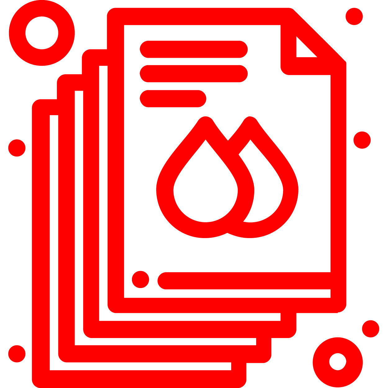 Red digital icon for water damage restoration, depicting a water droplet and cleaning tools on a black background.