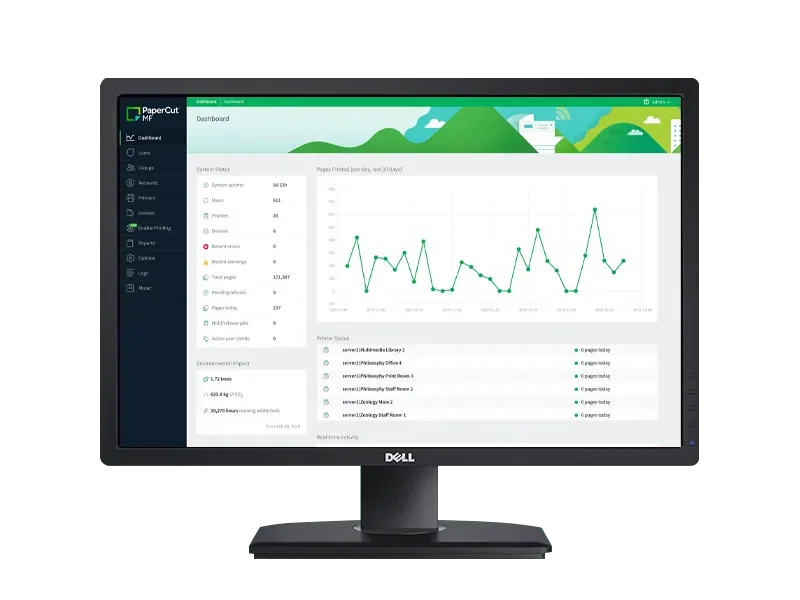 Computer monitor displaying a dashboard with system statistics, line graph, and server status information.