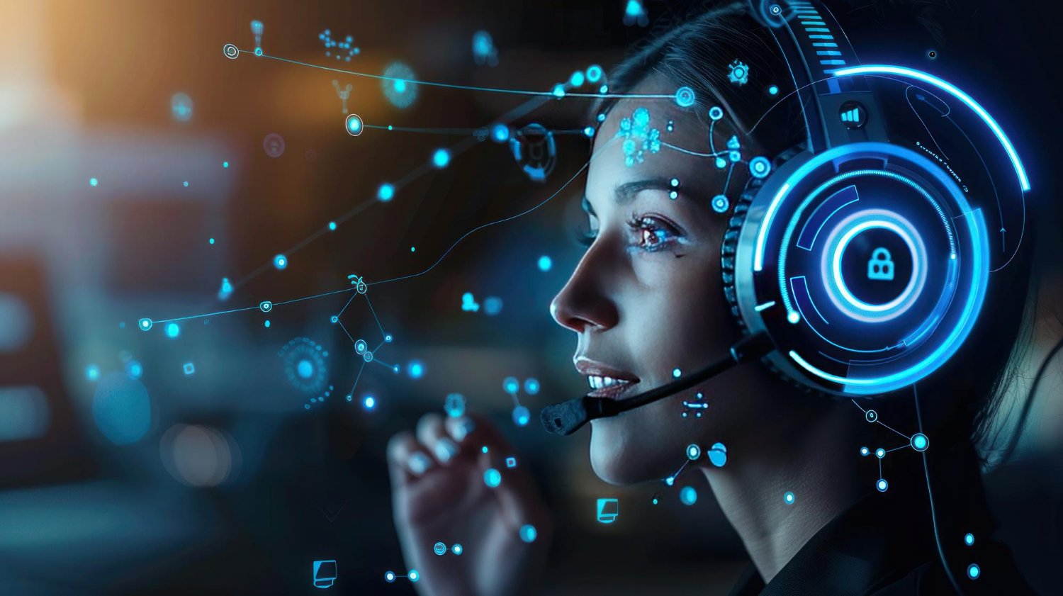 A woman wearing a gaming headset with a microphone, surrounded by a digital overlay of technology icons and graphics, including a lock symbol, indicating cybersecurity or digital security.