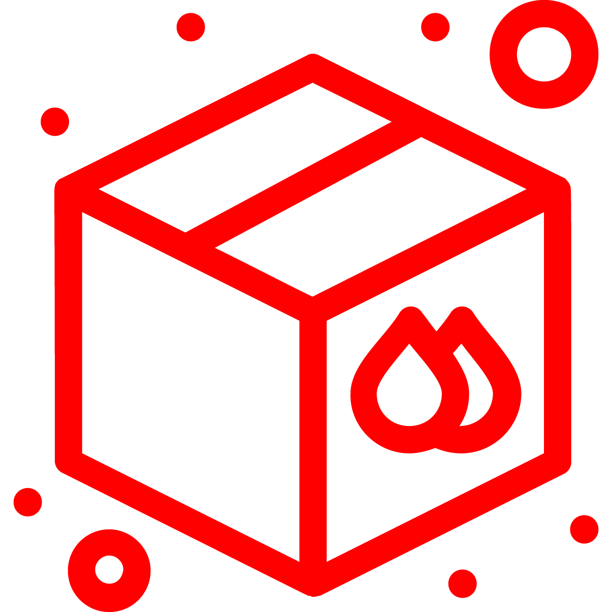 Red outline of a cardboard box with a flame icon on the side, surrounded by red circles and dots, indicating flammable content.