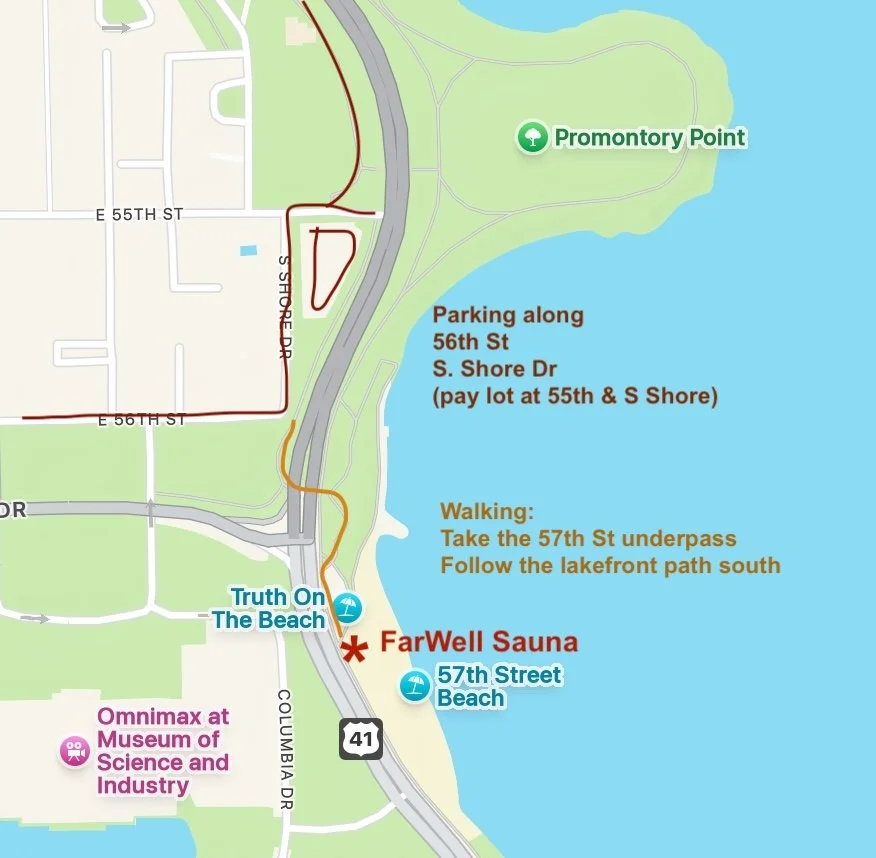 Map showing parking along 56th St and S. Shore Dr and walking instructions to FarWell Sauna at 57th St Beach via the 57th St underpass and lakefront path.
