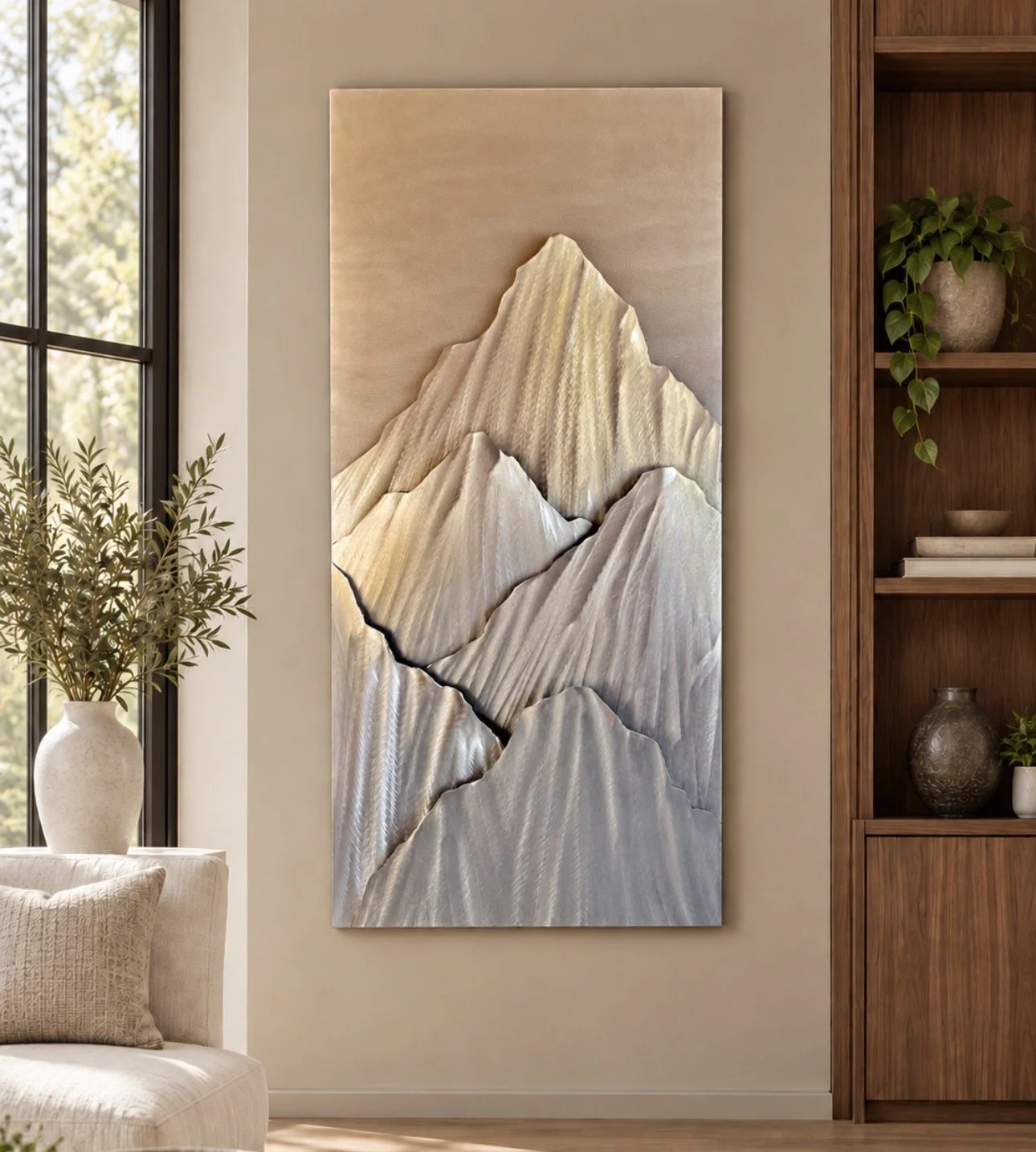 SILET ASCENT.     Five-layer hand-ground aluminum mountains 24″ W × 53″ H