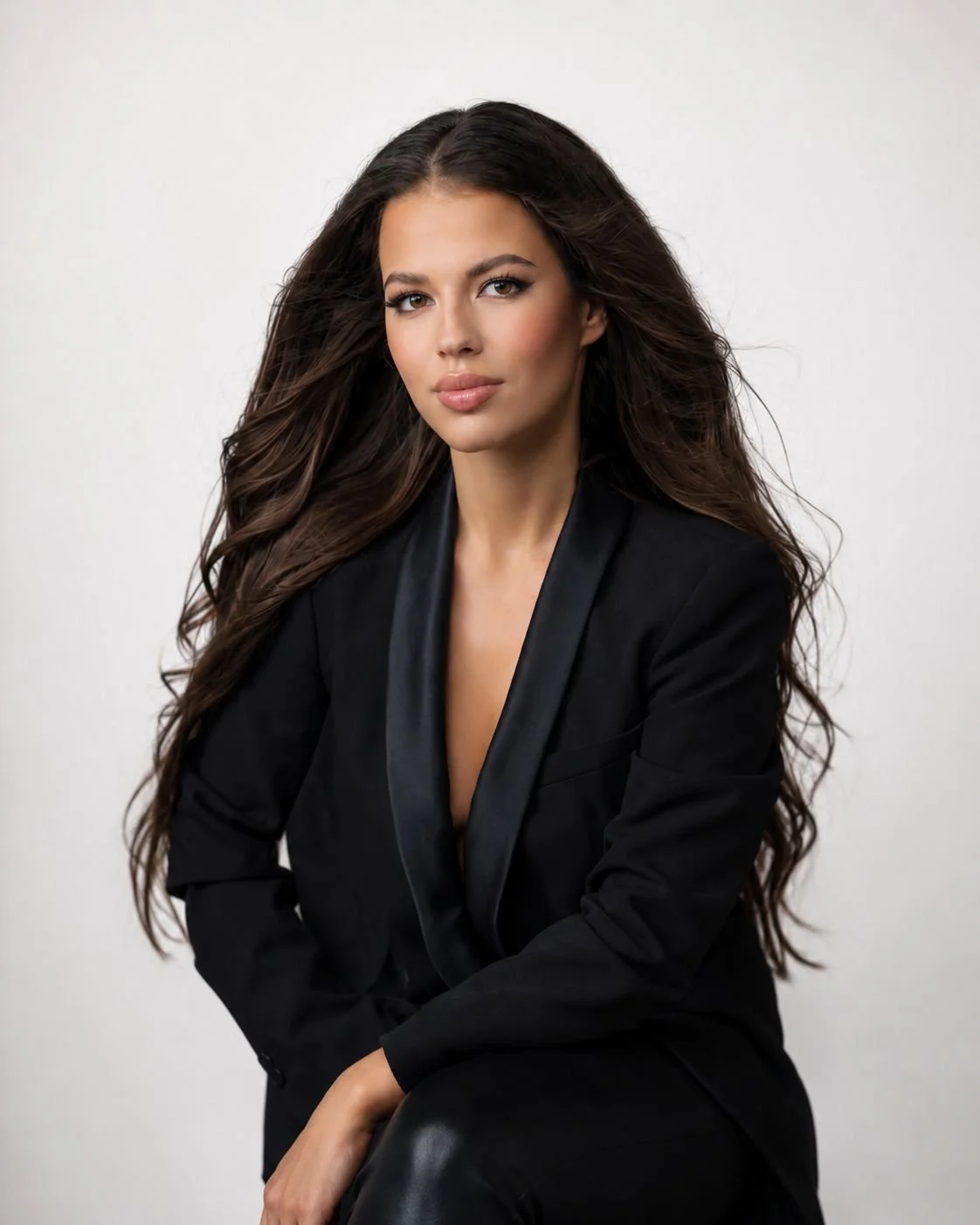 A woman with long dark hair, wearing a black blazer with satin lapel, sitting against a plain light-colored background