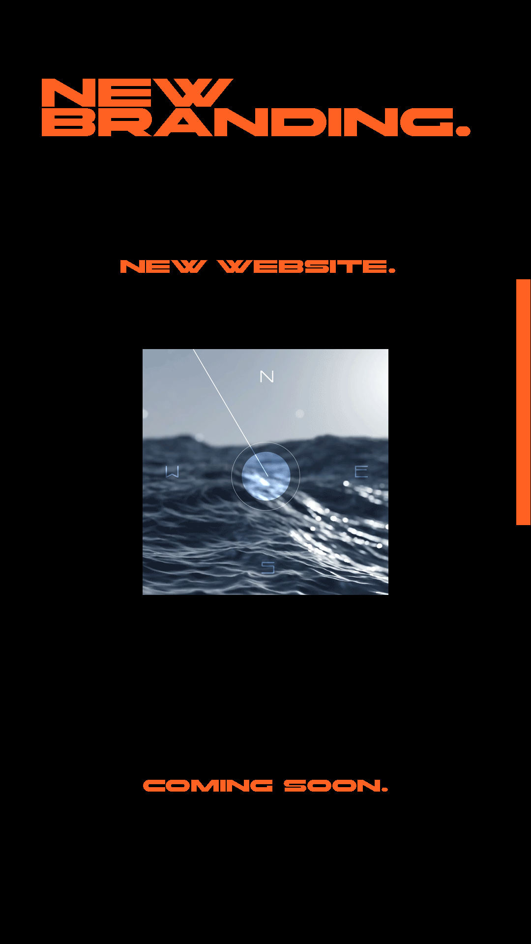 An announcement for a new website launch with a black background, bold orange and white text, and an image of ocean waves with a digital compass overlay.