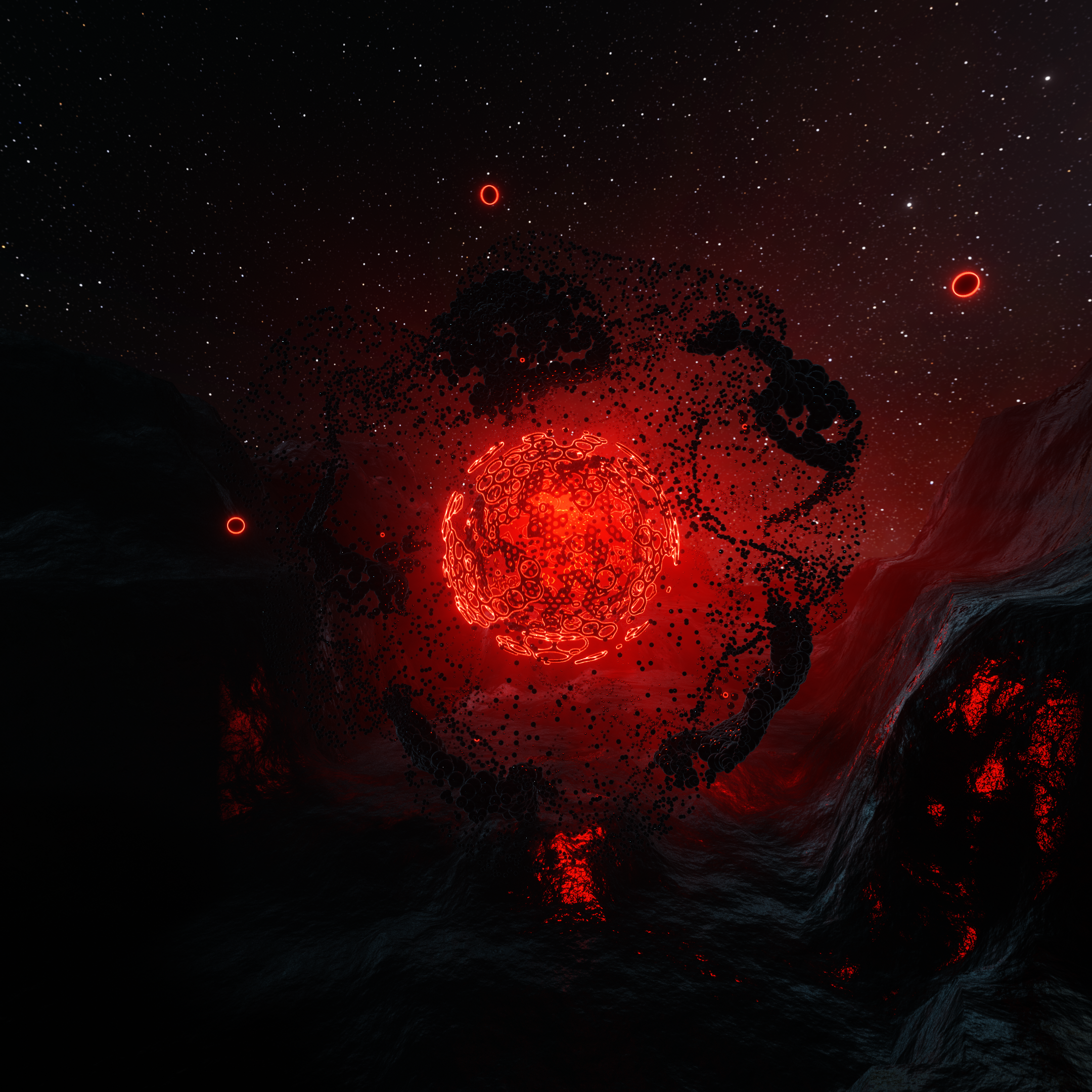 Futuristic digital art depicting a glowing red sphere with intricate patterns, surrounded by black particles and rings, set against a starry sky and dark landscape.