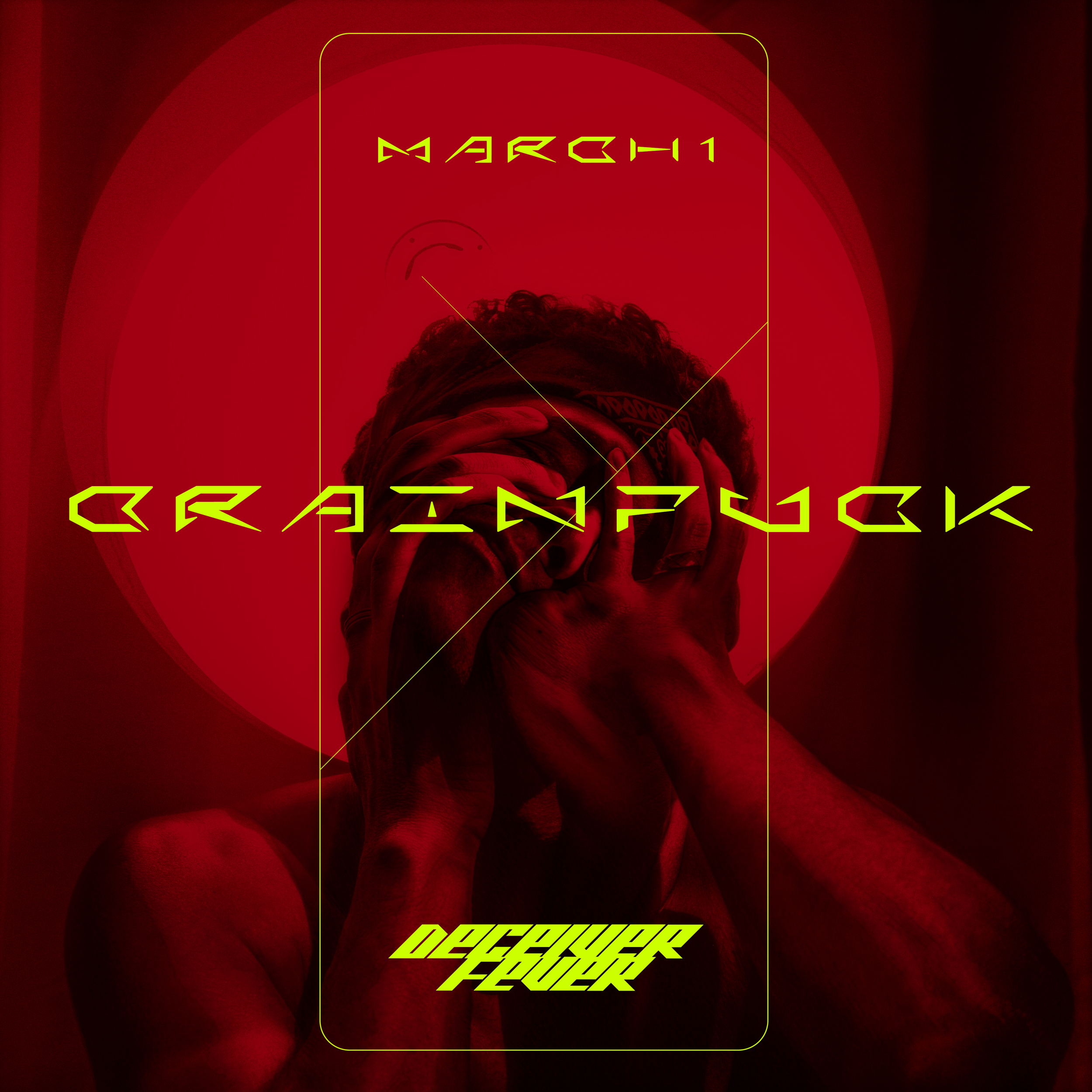 A person with long hair wearing a headband covering their eyes, holding their head with both hands, surrounded by red lighting and digital yellow text that reads "March 1" and "Crane Puck" with the words "December Fever" at the bottom.