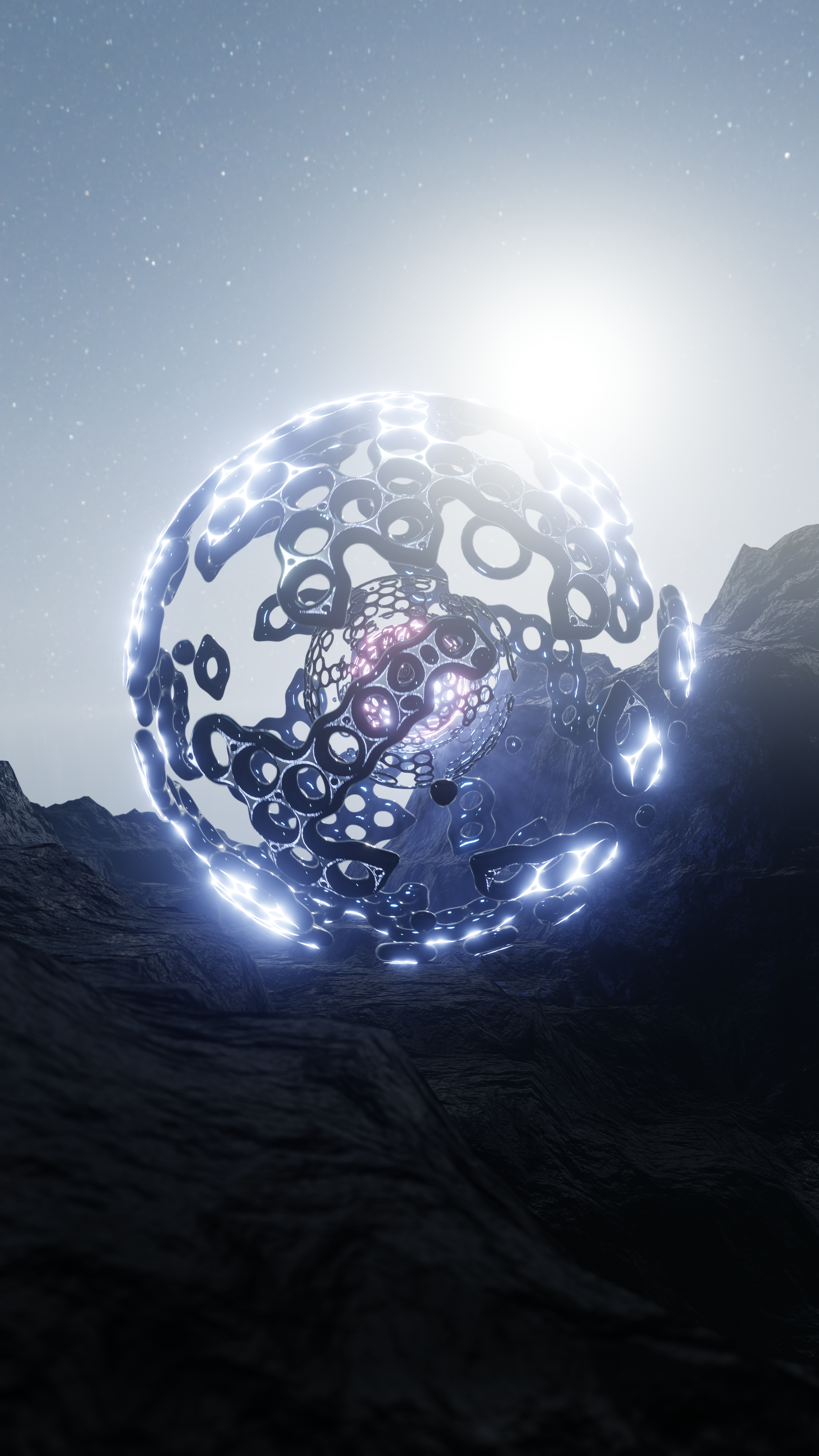 A surreal digital landscape featuring a glowing, metallic, hollow sphere with interconnected rings, floating above a rugged, dark terrain with mountains under a starry sky and a bright light source in the background.