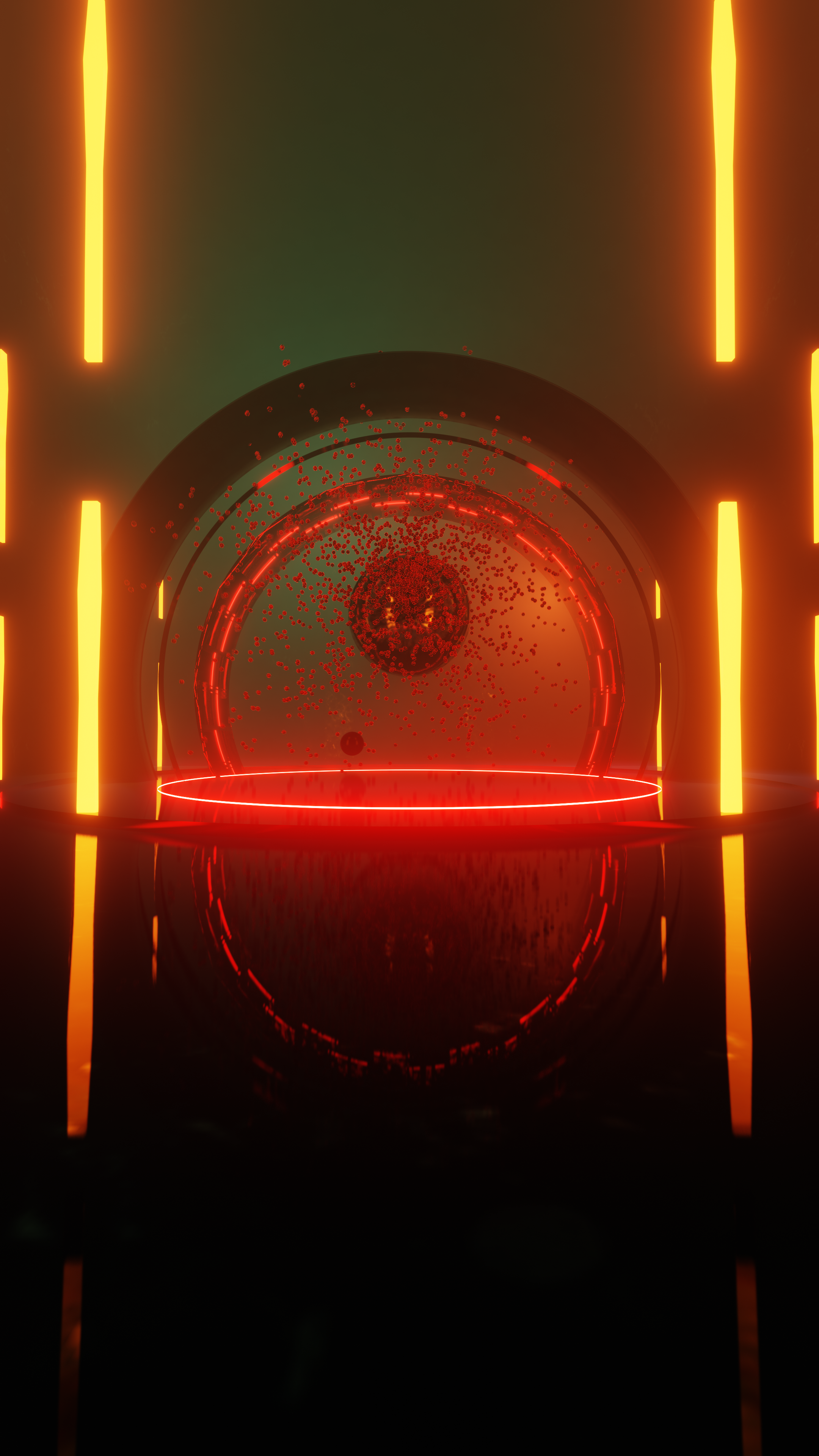 Futuristic scene with glowing red and yellow vertical lights, a circular red glowing platform, and a spherical object surrounded by particles in the background.