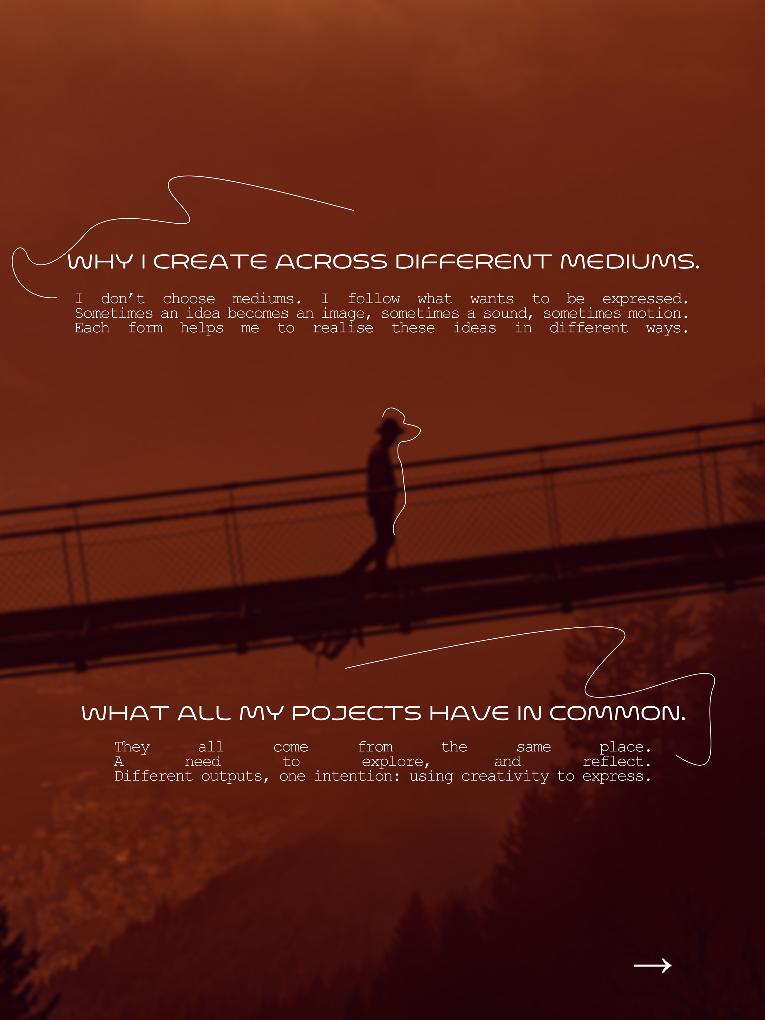 Ein einsamer Mensch läuft über eine Brücke bei Sonnenuntergang, Silhouette sichtbar, im Hintergrund Berge und Bäume, orangefarbener Himmel, Text über kreativen Ausdrucksweisen in verschiedenen Medien.