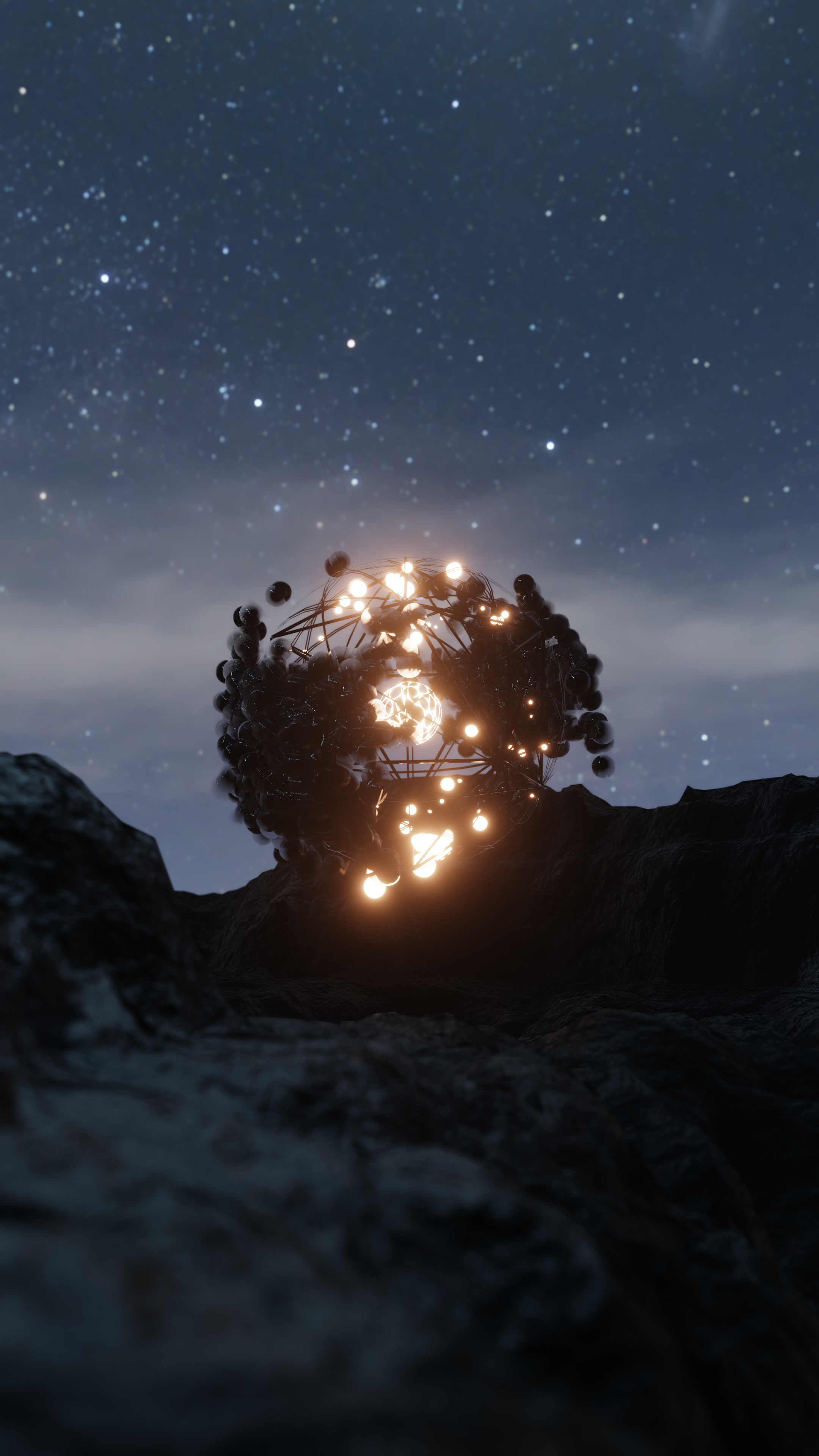 A glowing, futuristic geometric sculpture illuminates against a starry night sky, with rocky terrain in the foreground.