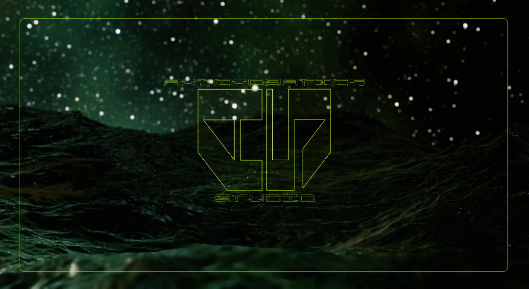 A starry night sky over a dark, rippling ocean with an animated green outline of text 'ARTEROSATICS 917 STUDIOS' in the center.