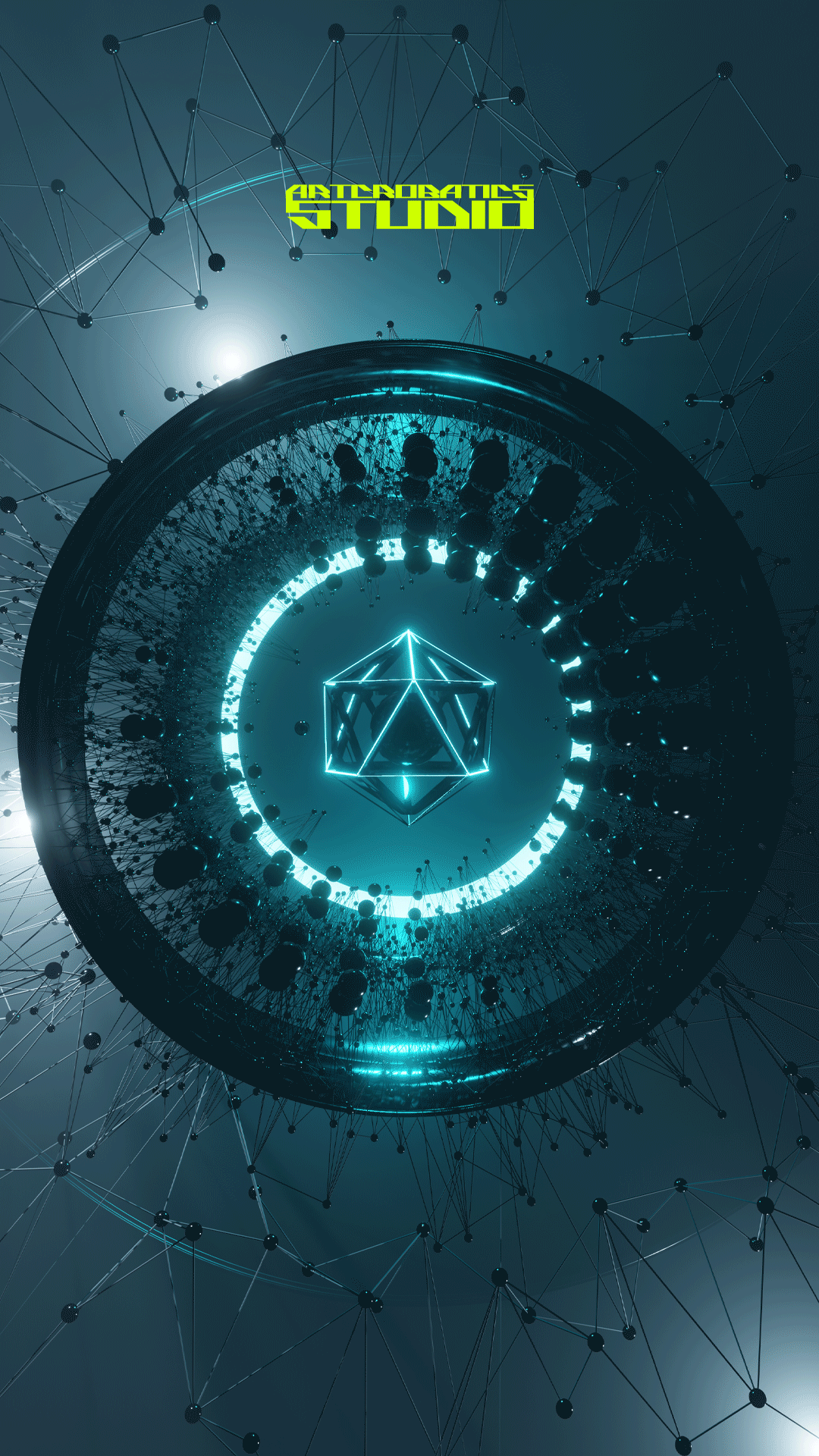 Futuristic digital artwork with the words "ATROBATICS STUDIO" and a glowing geometric shape at the center, surrounded by interconnected points and lines.