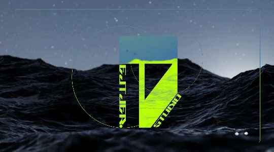 Close-up of ocean waves with a bright yellow logo and transparent square overlay in the sky.