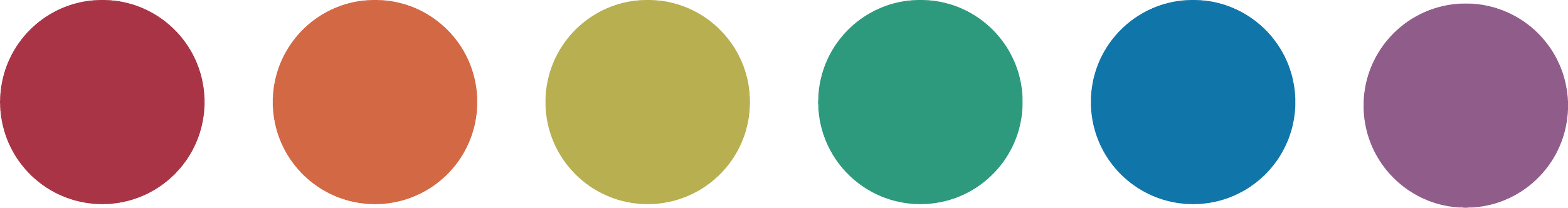 Sechs bunte Kreise in einer Reihe, jeder in einer anderen Farbe, auf weißem Hintergrund.