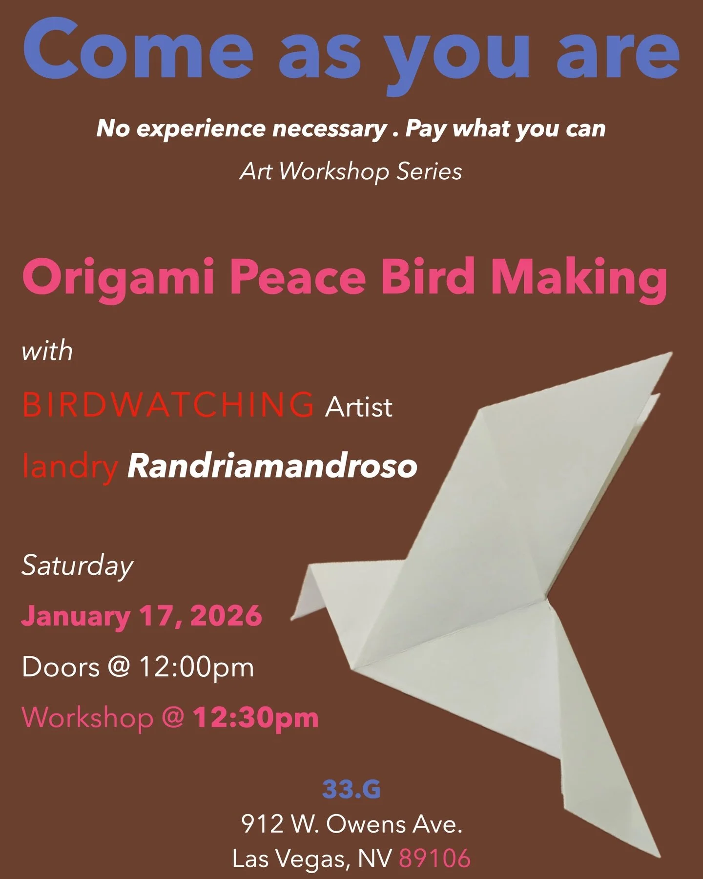 This week at the Gallery!

SATURDAY afternoon learn the art of origami bird making with @iandryrex!

THURSDAY evening join us for The Study Group where we share literature and converse over current affairs!

💫

#33G #blackart #89106