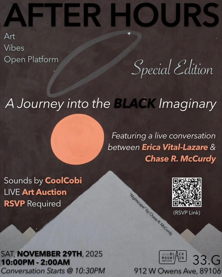 AFTER HOURS *Special Edition*

November 29th @ 10pm (Conversation @ 10:30pm)

Join us for: 

&ldquo;A Journey into the Black Imaginary&rdquo;

A short yet impactful conversation between Erica Vital-Lazare (@ehvital) Professor, Writer and Editor &amp;