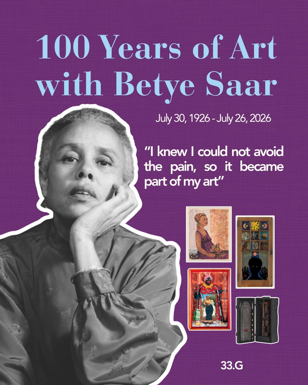 Celebration of a life well lived, Betye Saar. 

Thank you for transforming the forgotten objects of the past into a spiritual grounding for the future. 

The truest alchemist 💫

Join us at 33.G for &lsquo;Betye Saar Day&rsquo; this Thursday July 30,