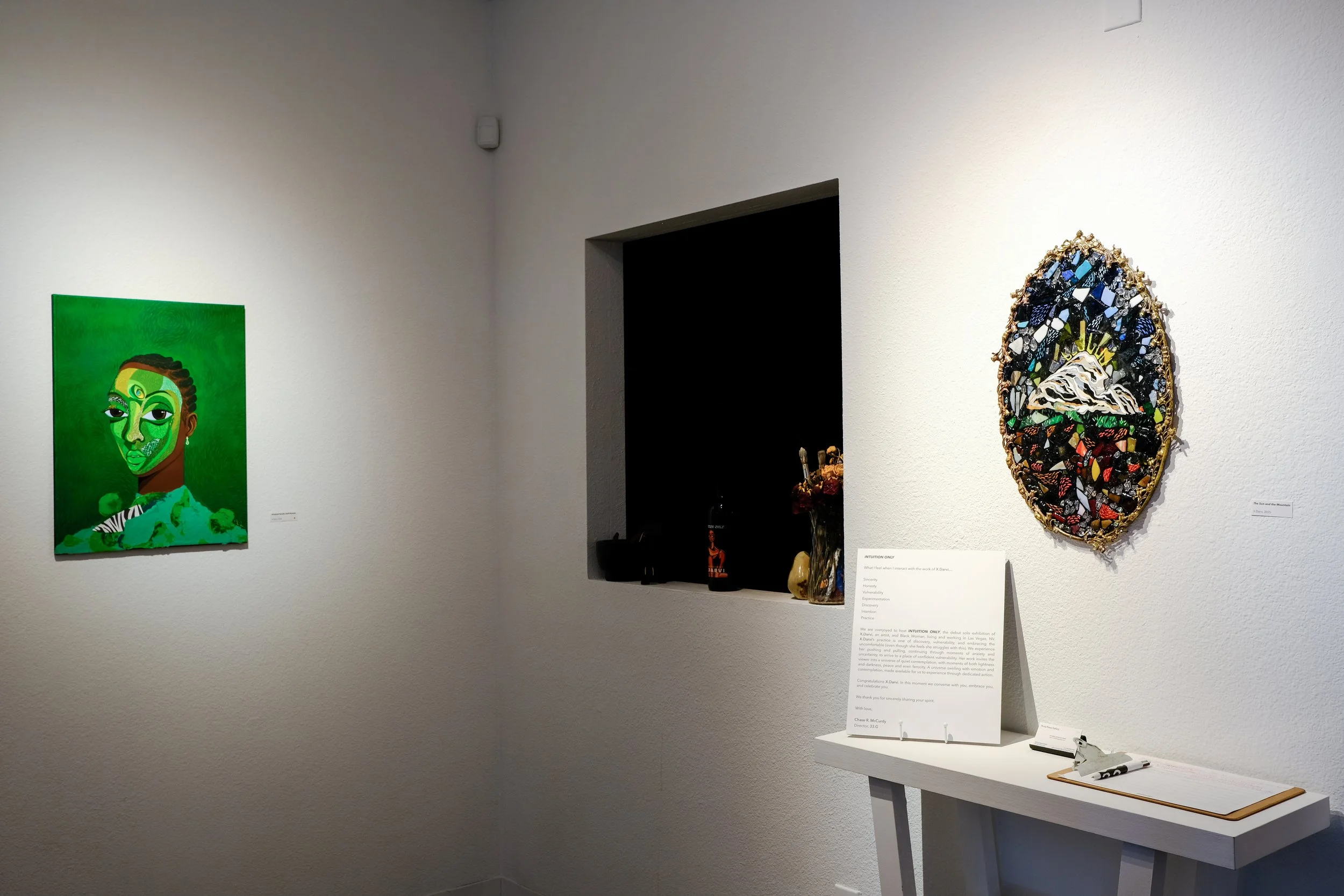 (L) "Armored Facade (Self-Portrait)", 2024; (R) "The Sun and the Mountain", 2025