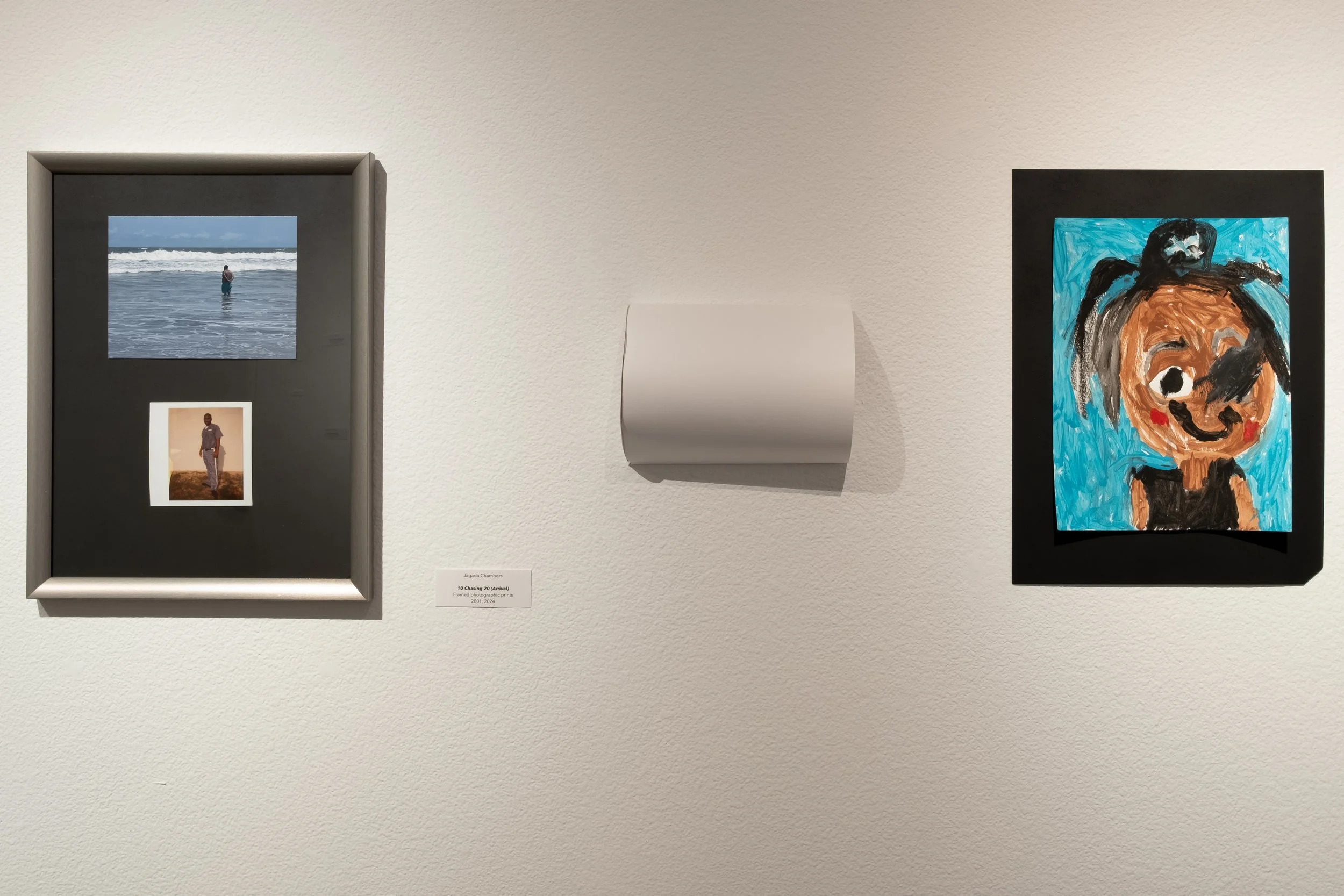 (L) "10 Chasing 20 (Arrival)", 2001-2025 by Jagada Chambers; (R) "Pirate Nas (Self-portrait)", 2024 by Nasir Herrera
