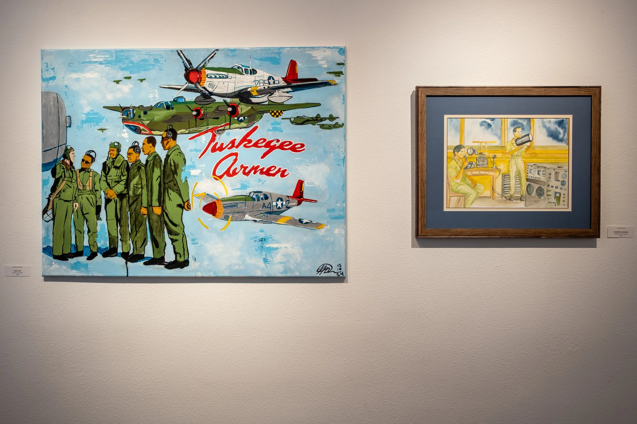 (L) "Born to Fly" by Terrance Richard, 2024 ; (R) "Air Traffic Controlmen" by Randy Proby, 1997