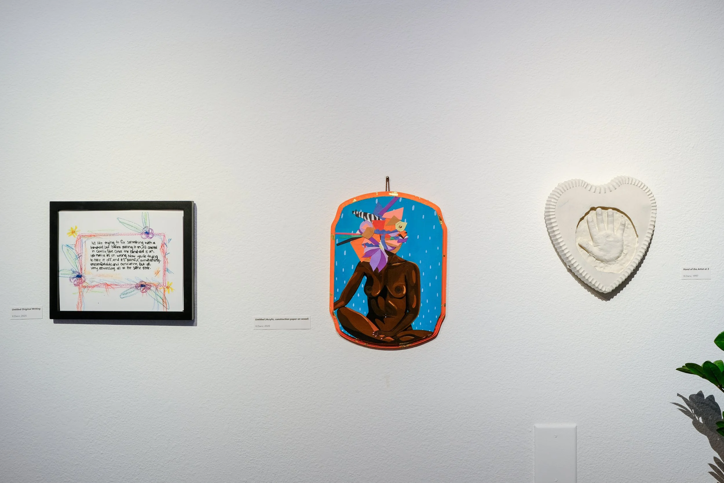 (L to R) "Untitled Original Writing", 2025; "Untitled", 2020; "Hand of the Artist at 3", 1997