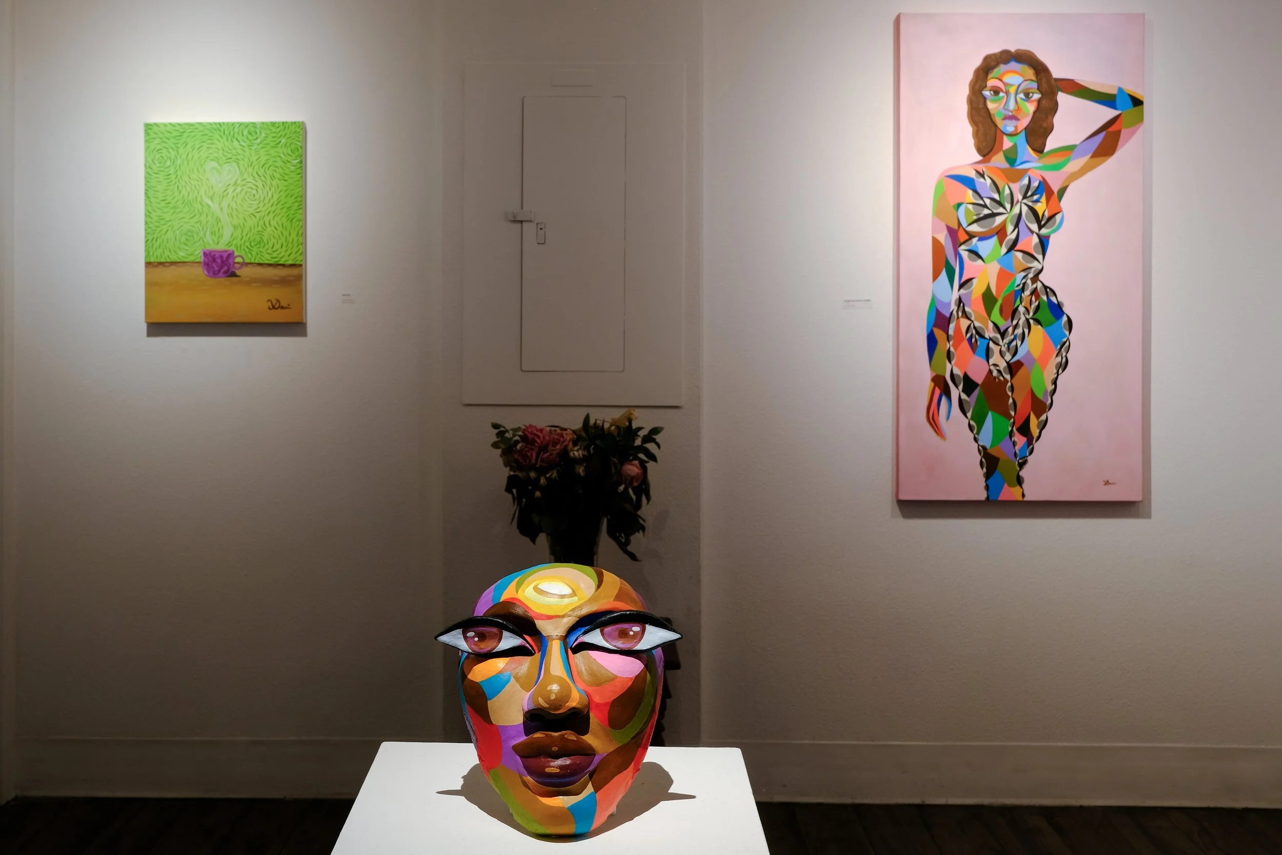 (L to R) "Peace Tea", 2025; "Untitled (Clay Sculpture)", 2025; "Kaleidoscopic Metamorphosis", 2025