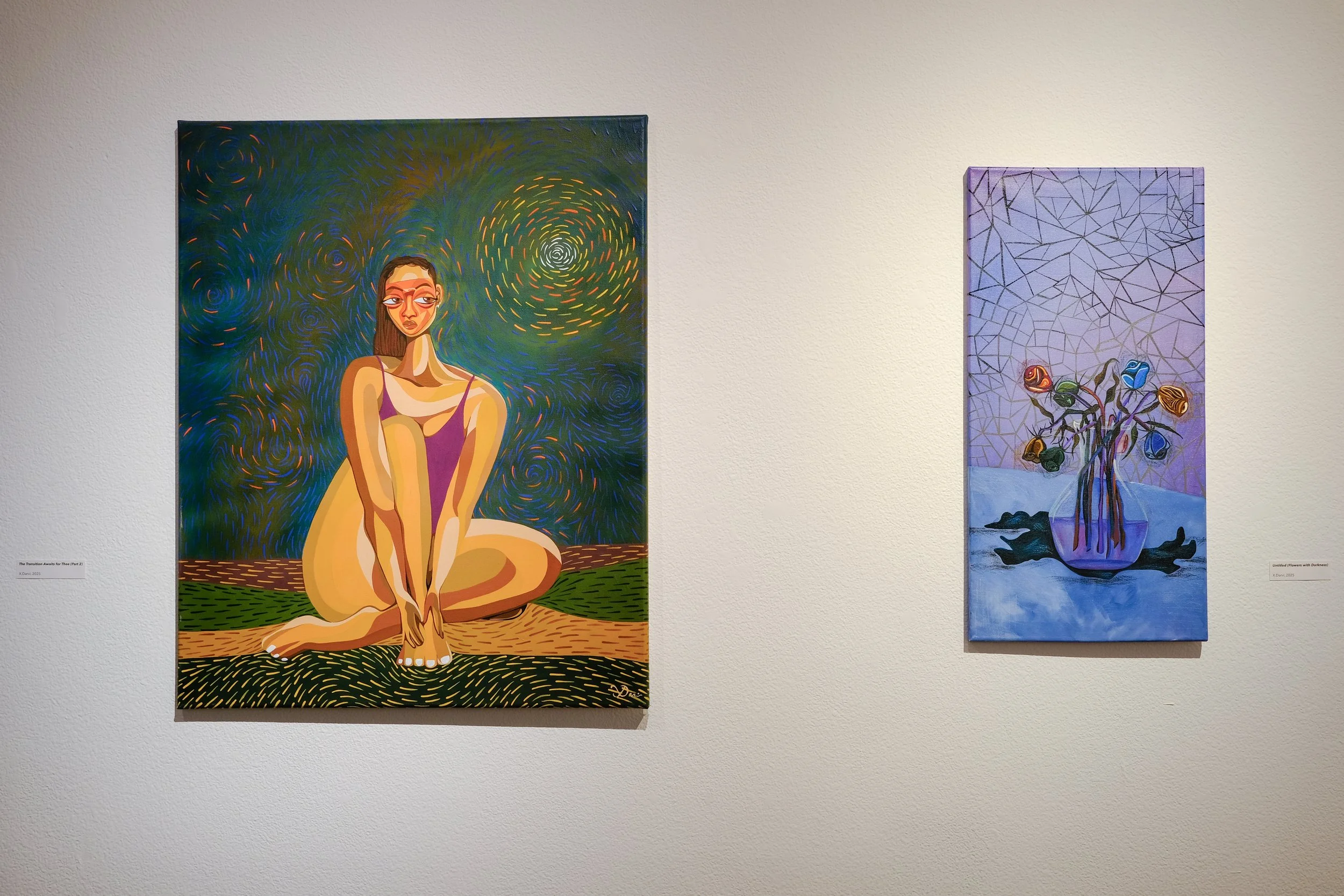 (L) "The Transition Awaits for Thee (Part 2)", 2025; (R) "Untitled (Flowers with Darkness)", 2025