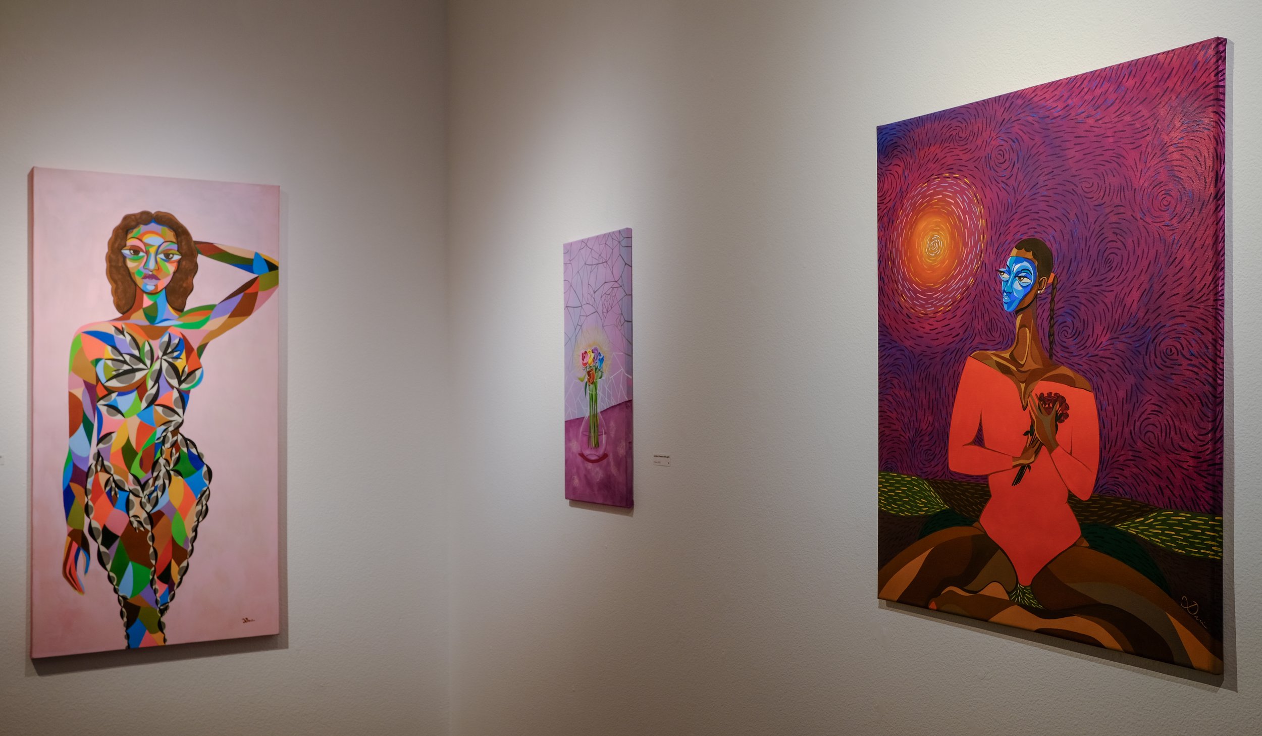 (L) "Kaleidoscopic Metamorphosis", 2025; (L) "Untitled (Flowers with Light)", 2025; (R) "The Transition Awaits for Thee (Part 1)", 2025