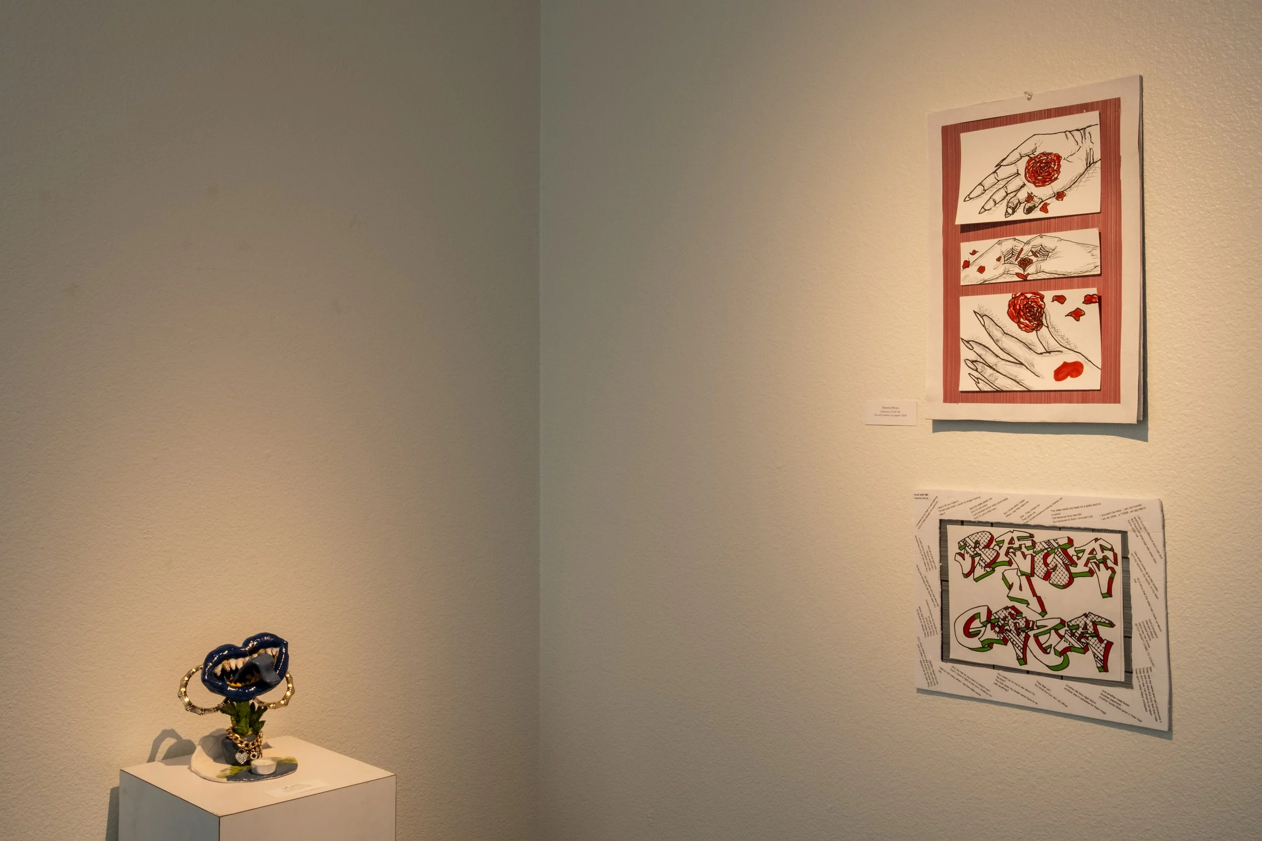 (L to R) "Es la chispa, no la Llama", 2024 by Micajah Daniels; "Love you | Love me", 2024 by Yesenia Moya