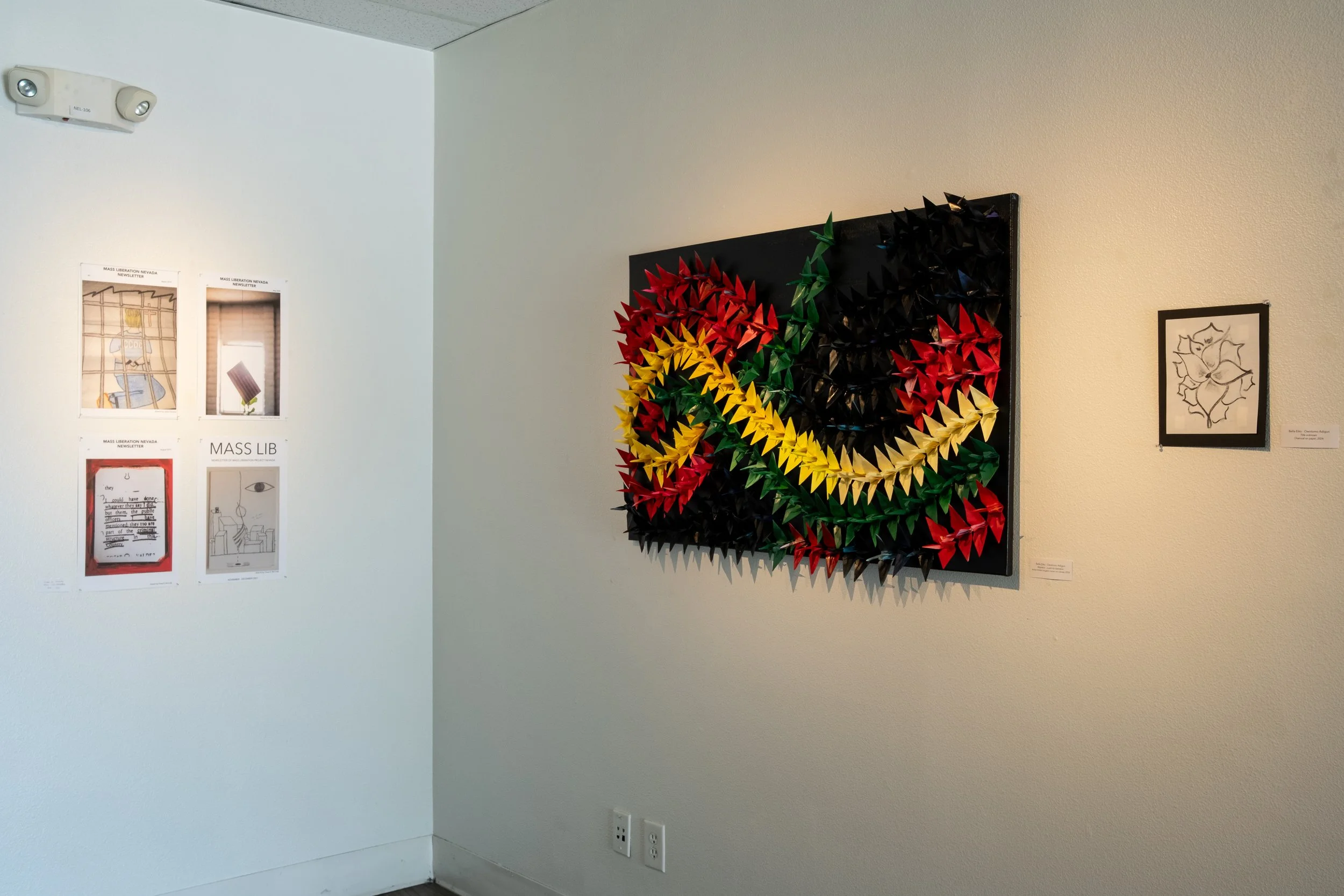 (L to R) "Mass Lib Newsletter Covers", 2018-2021 by Chase R. McCurdy; "Migration - a wish for liberation", 2024, and "Title Unknown", 2024 by Bella Eiko