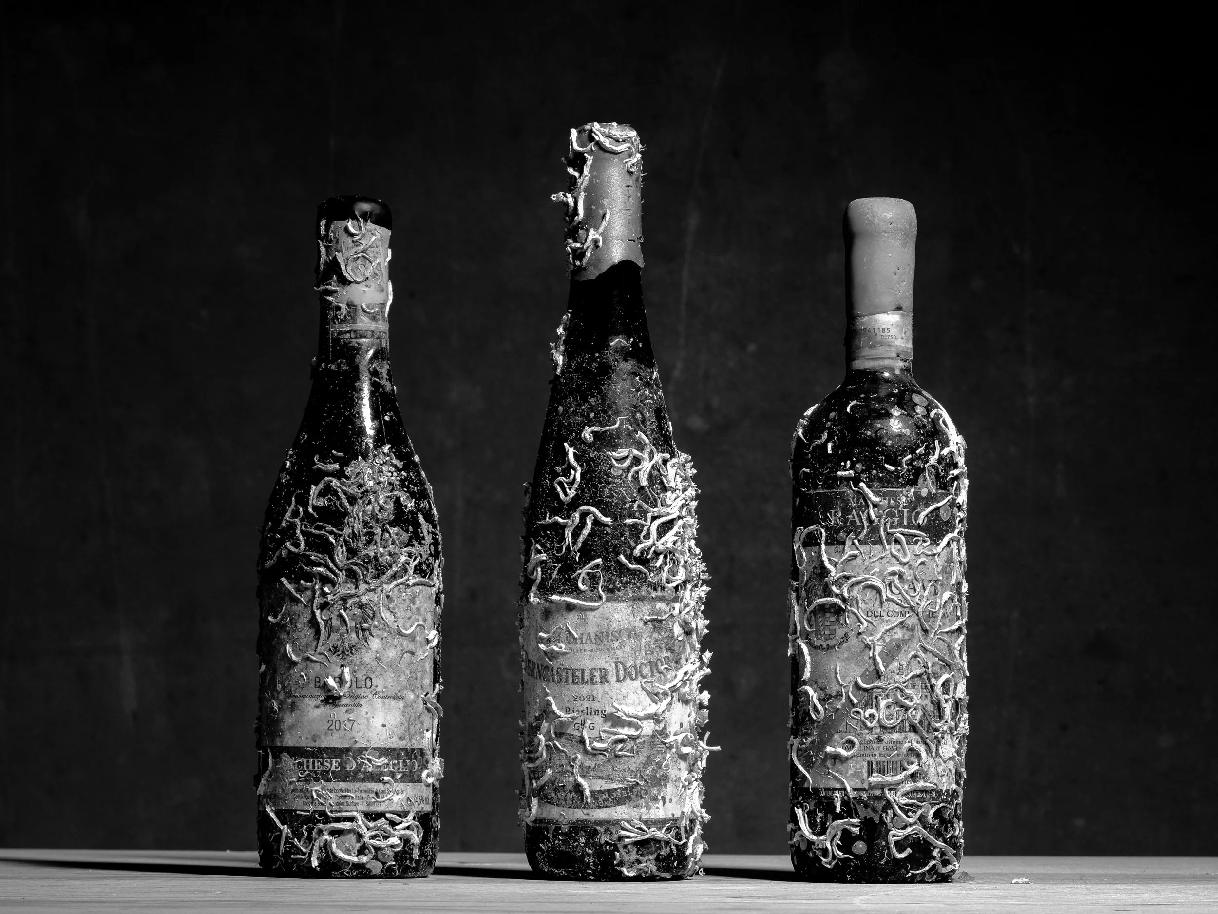 Bottles of wine aged in the sea.