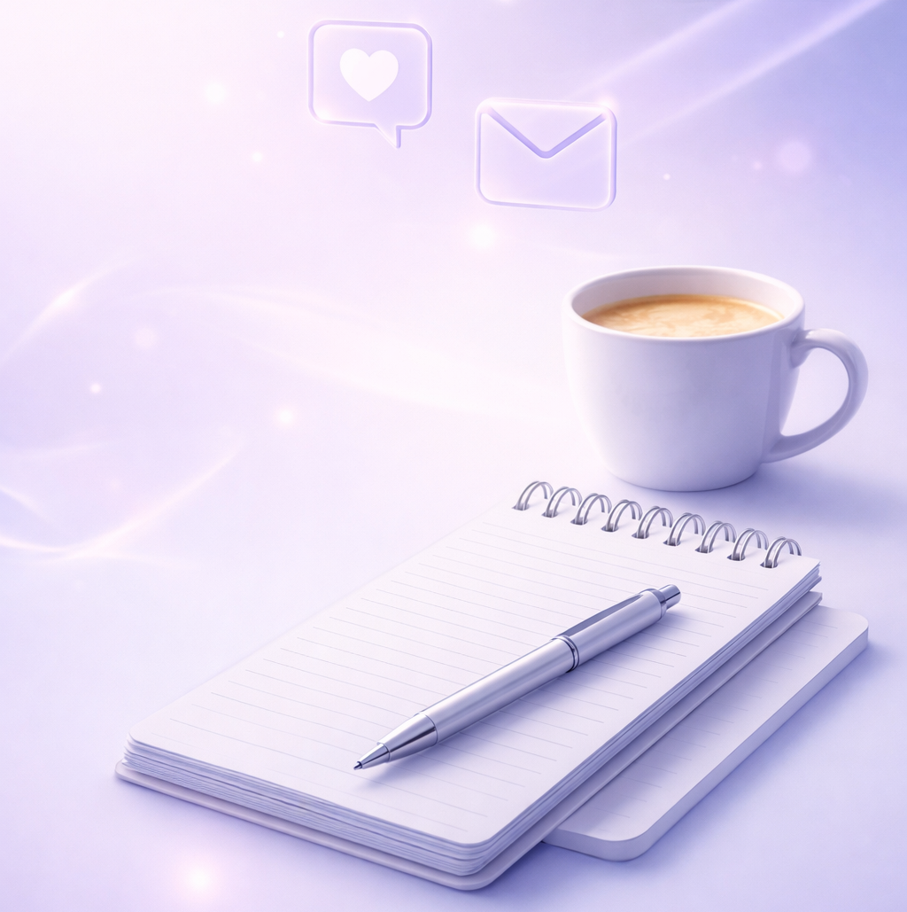 A white mug filled with coffee, a spiral notebook with a pen on top, and a closed laptop on a white surface with digital icons of a heart and an envelope above, in a soft purple background.