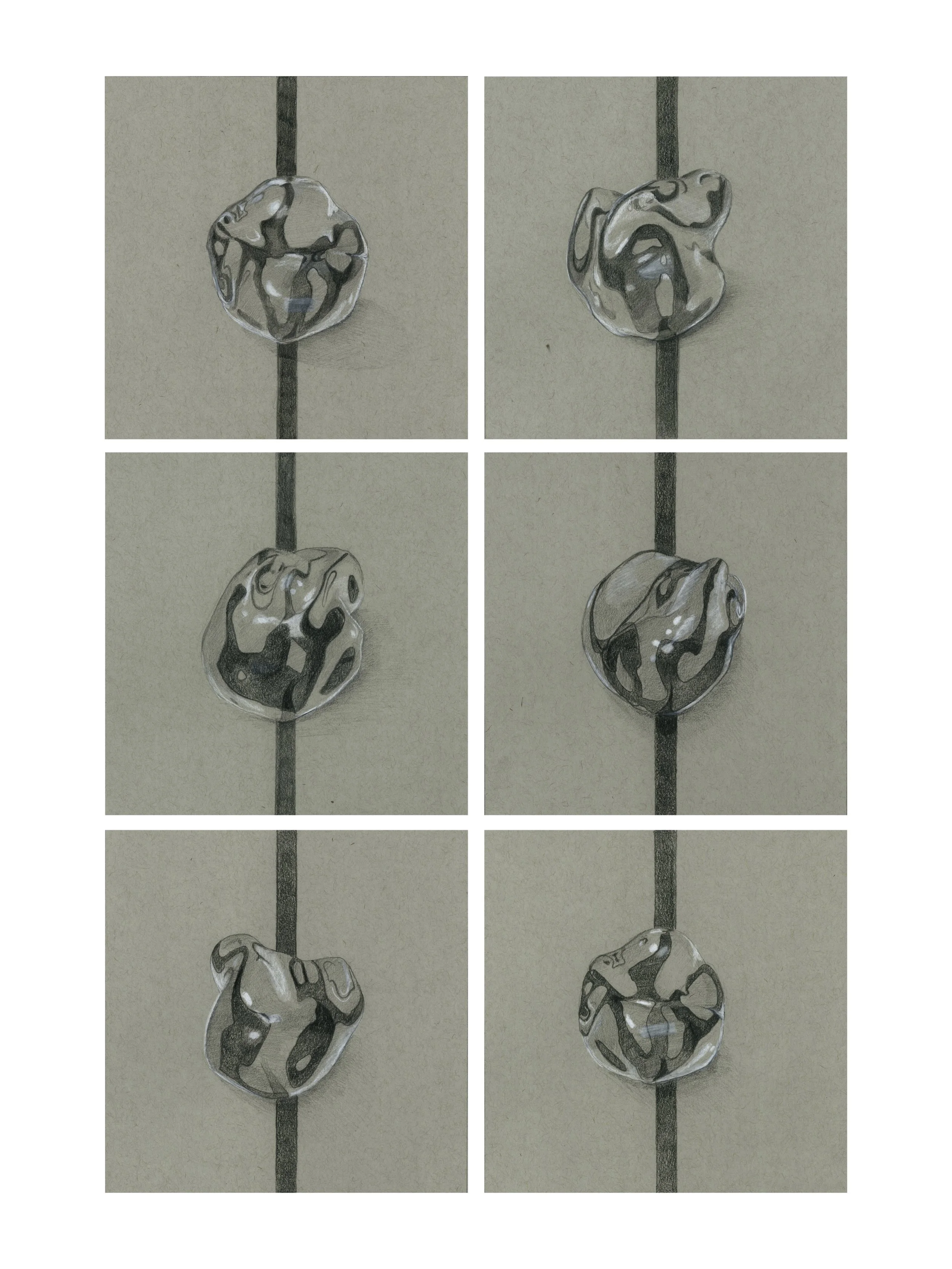 Six Deviations from a Straight Path, Graphite on Toned Paper, 22x22 cm each, 2025