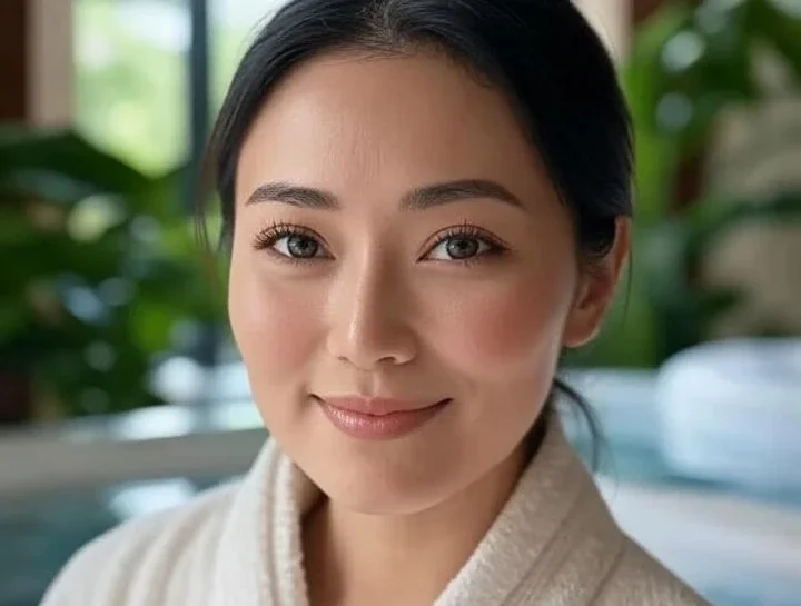 A young woman with dark hair and light makeup smiling at the camera, indoors with green plants in the background.