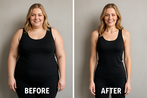 Comparison photo showing a woman before and after a weight loss transformation, wearing a black tank top and smiling in both images.