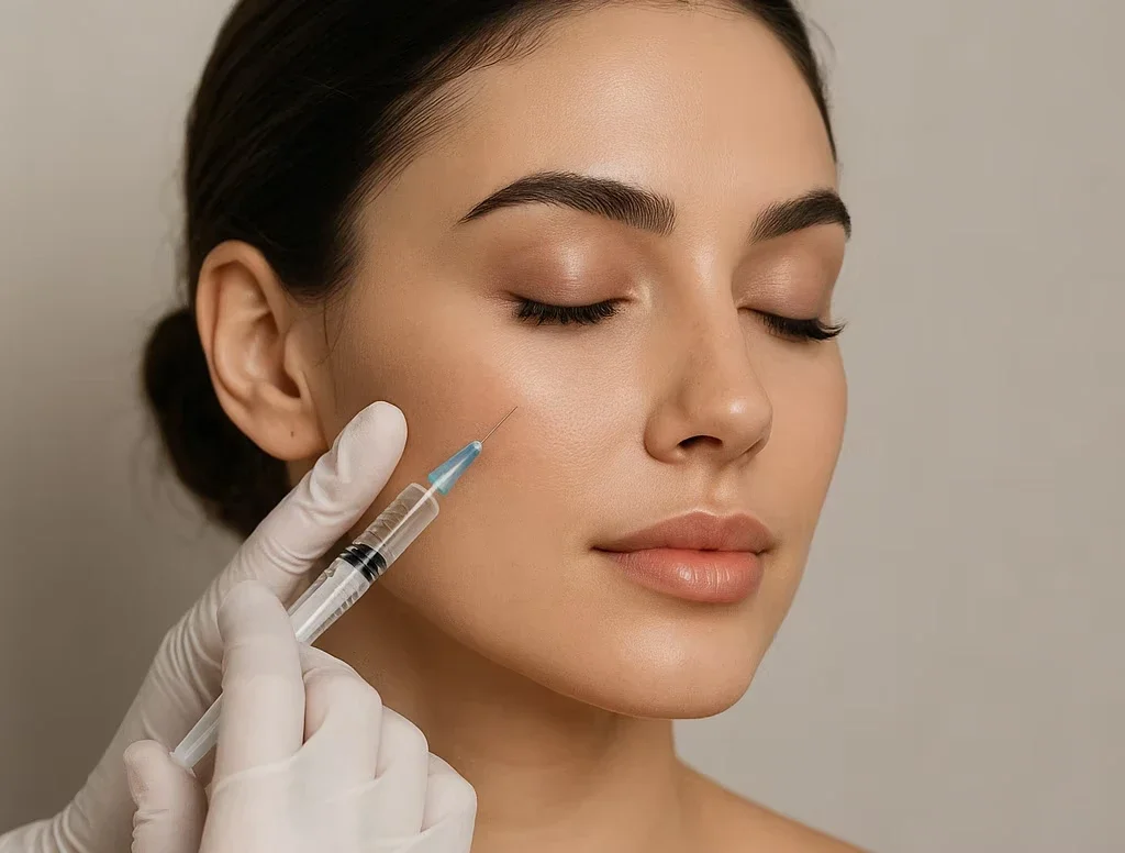 Close-up of a woman with closed eyes receiving a cosmetic injection on her cheek, administered by a medical professional wearing white gloves.