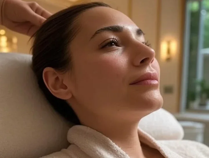 A woman relaxing with eyes closed, receiving a head massage or spa treatment, indoors with soft lighting.