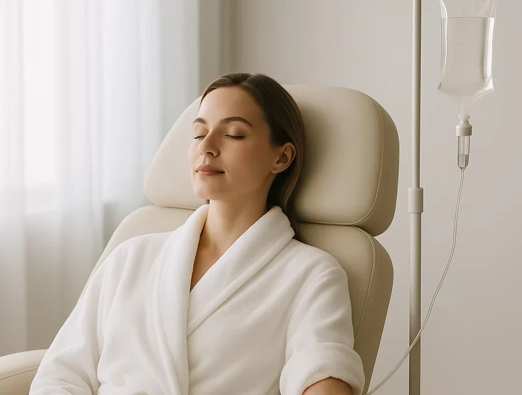 A woman in a white robe relaxing with eyes closed while sitting in a medical chair near IV drip.